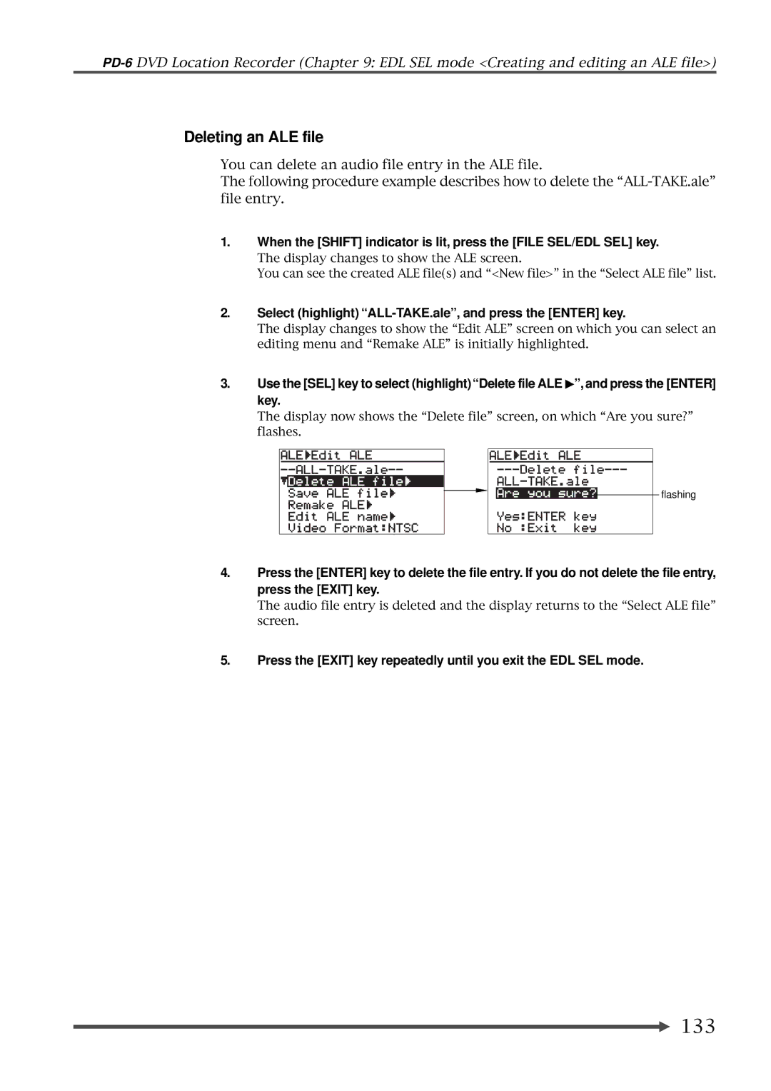 Fostex PD-6 operation manual 133, Deleting an ALE file 