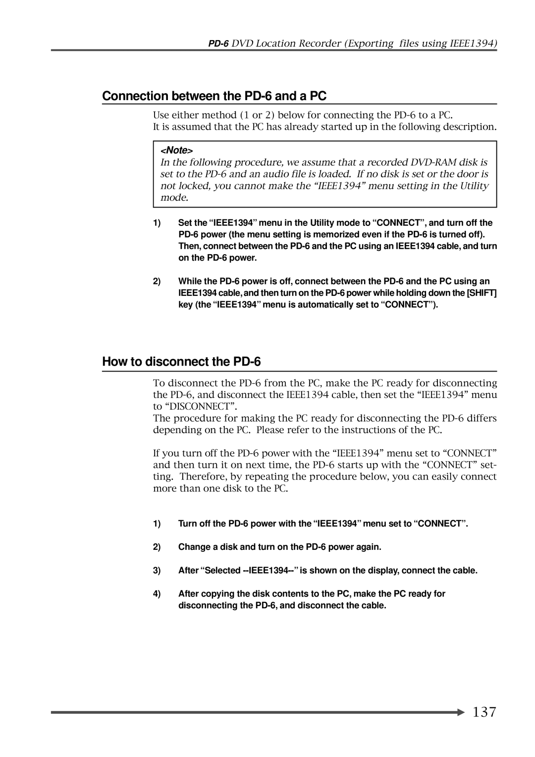 Fostex operation manual Connection between the PD-6 and a PC, How to disconnect the PD-6, 137 