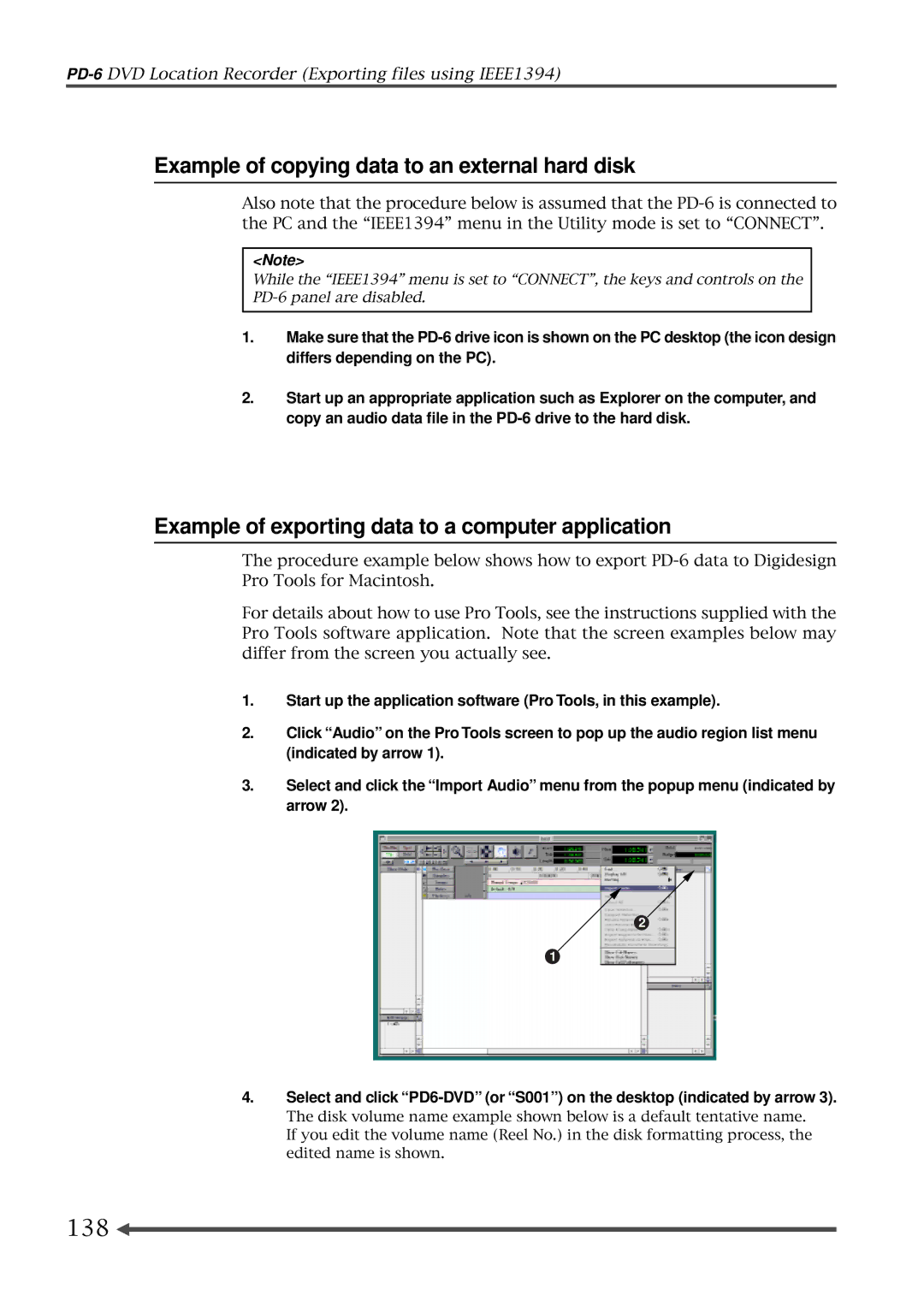 Fostex PD-6 Example of copying data to an external hard disk, Example of exporting data to a computer application, 138 