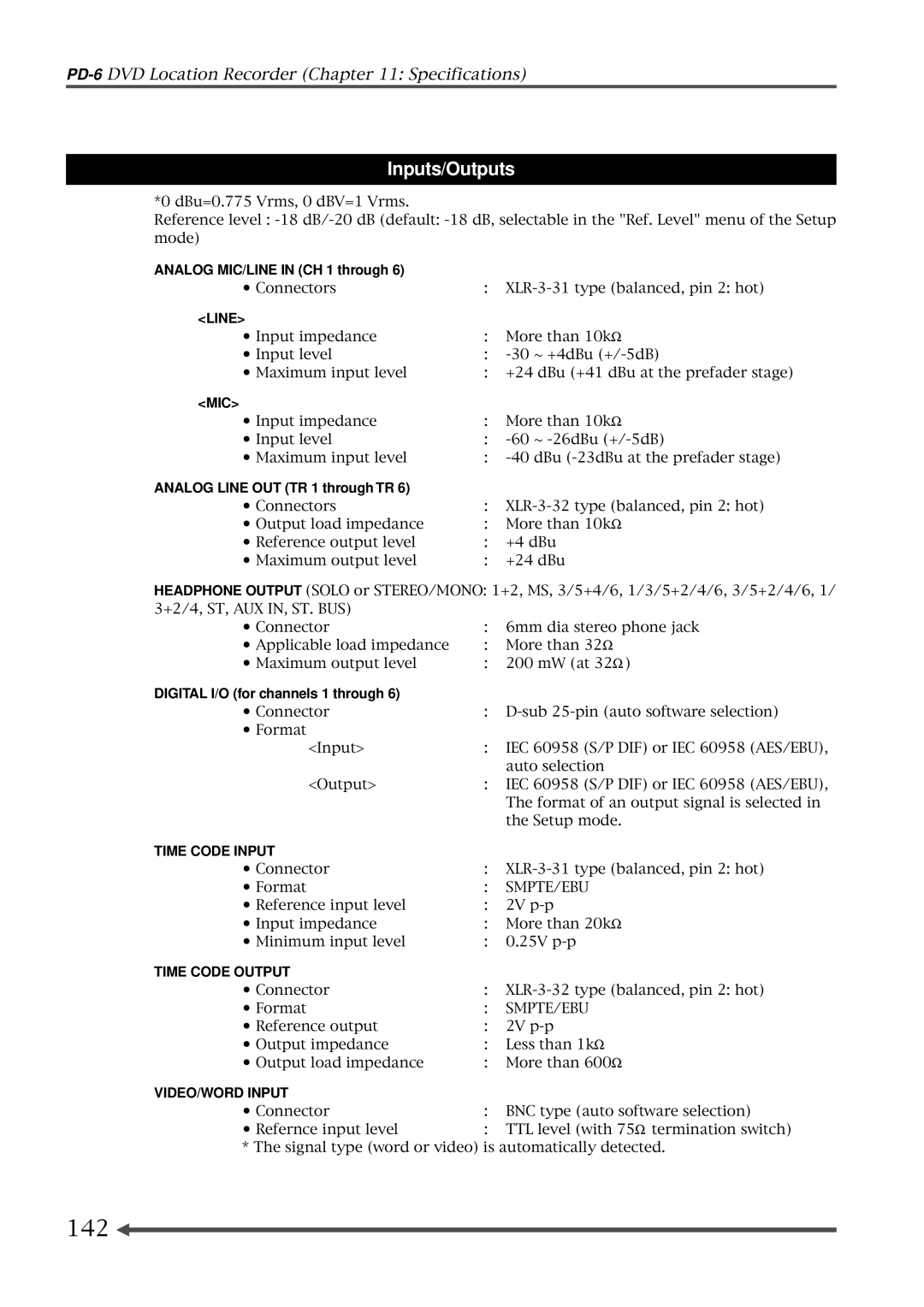 Fostex PD-6 operation manual 142, Line, Time Code Input, Time Code Output, VIDEO/WORD Input 