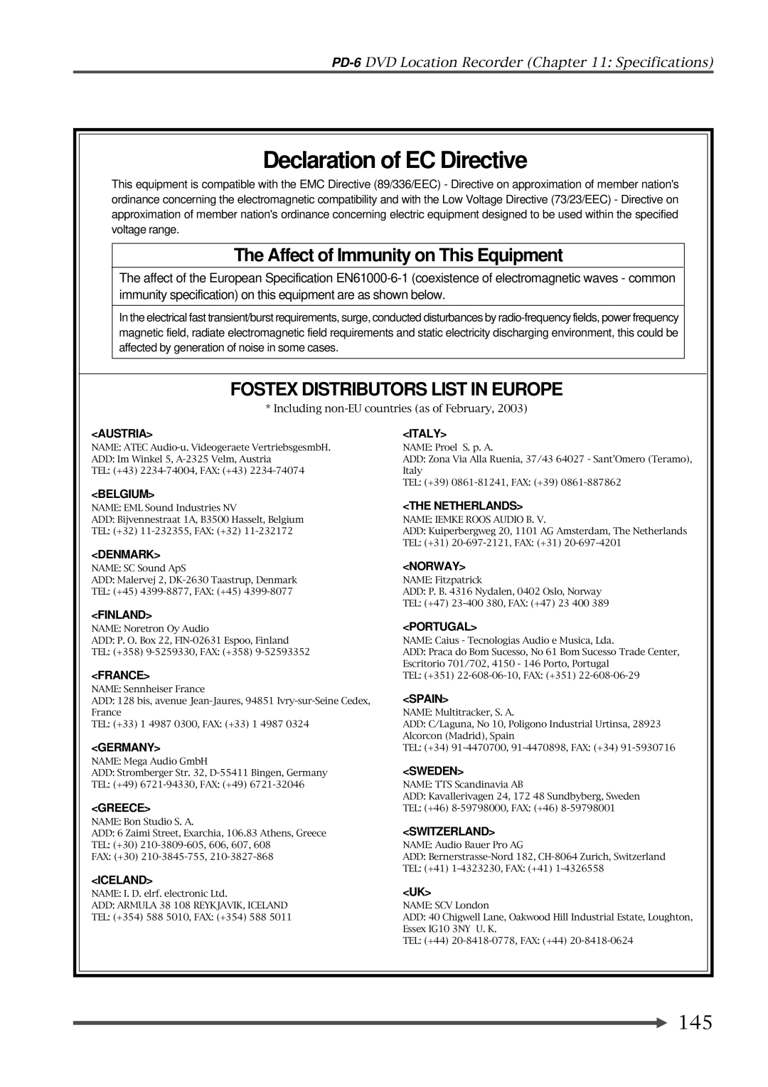 Fostex PD-6 operation manual Declaration of EC Directive, Affect of Immunity on This Equipment, 145 