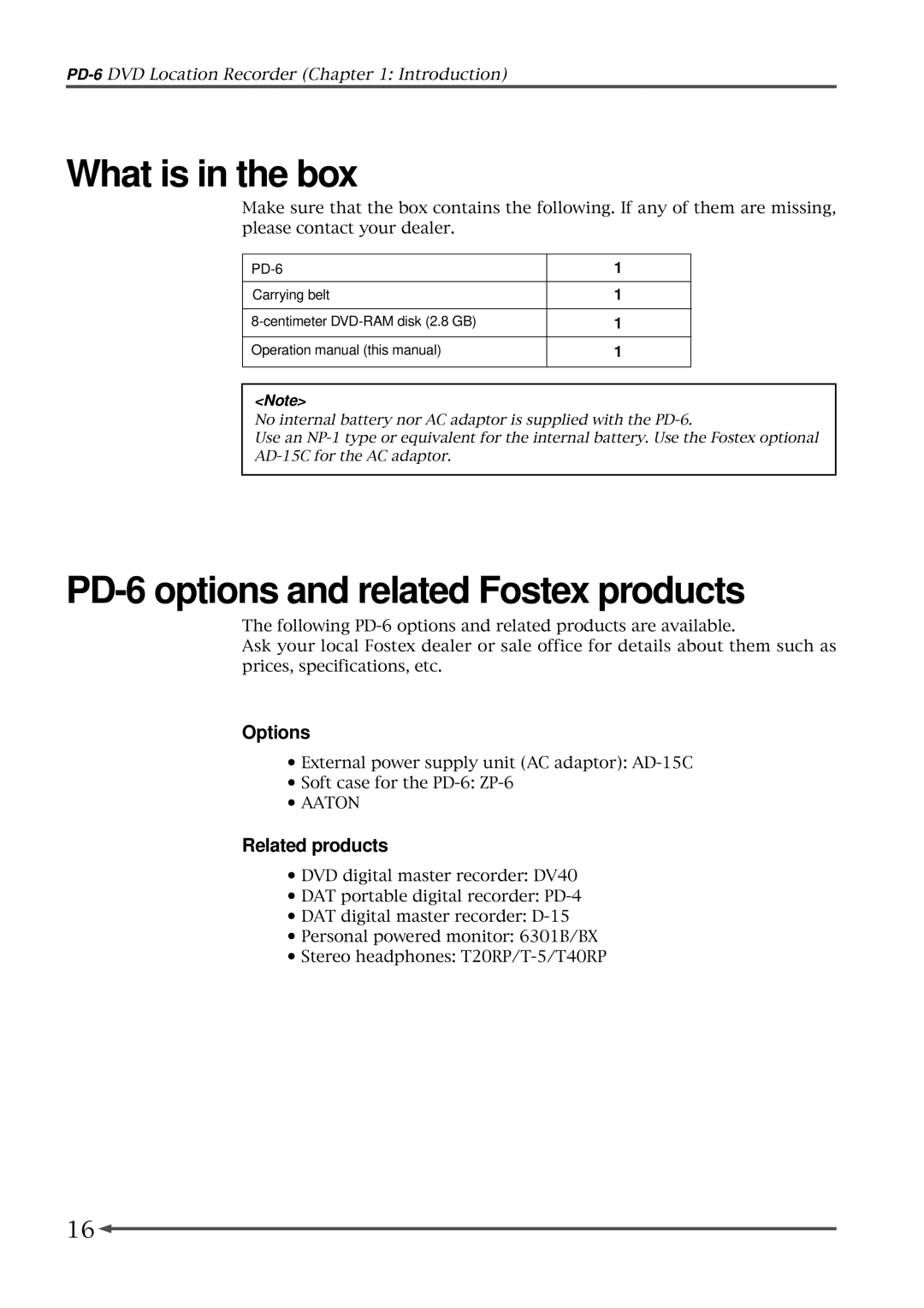 Fostex operation manual Options, Related products, PD-6 Carrying belt Centimeter DVD-RAM disk 2.8 GB 