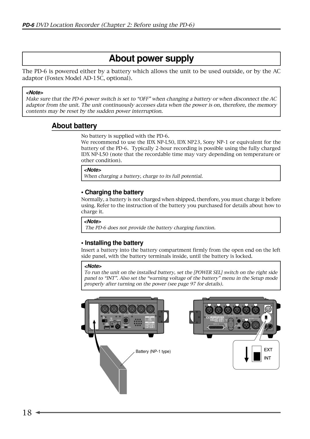 Fostex PD-6 operation manual About power supply, About battery, Charging the battery, Installing the battery 