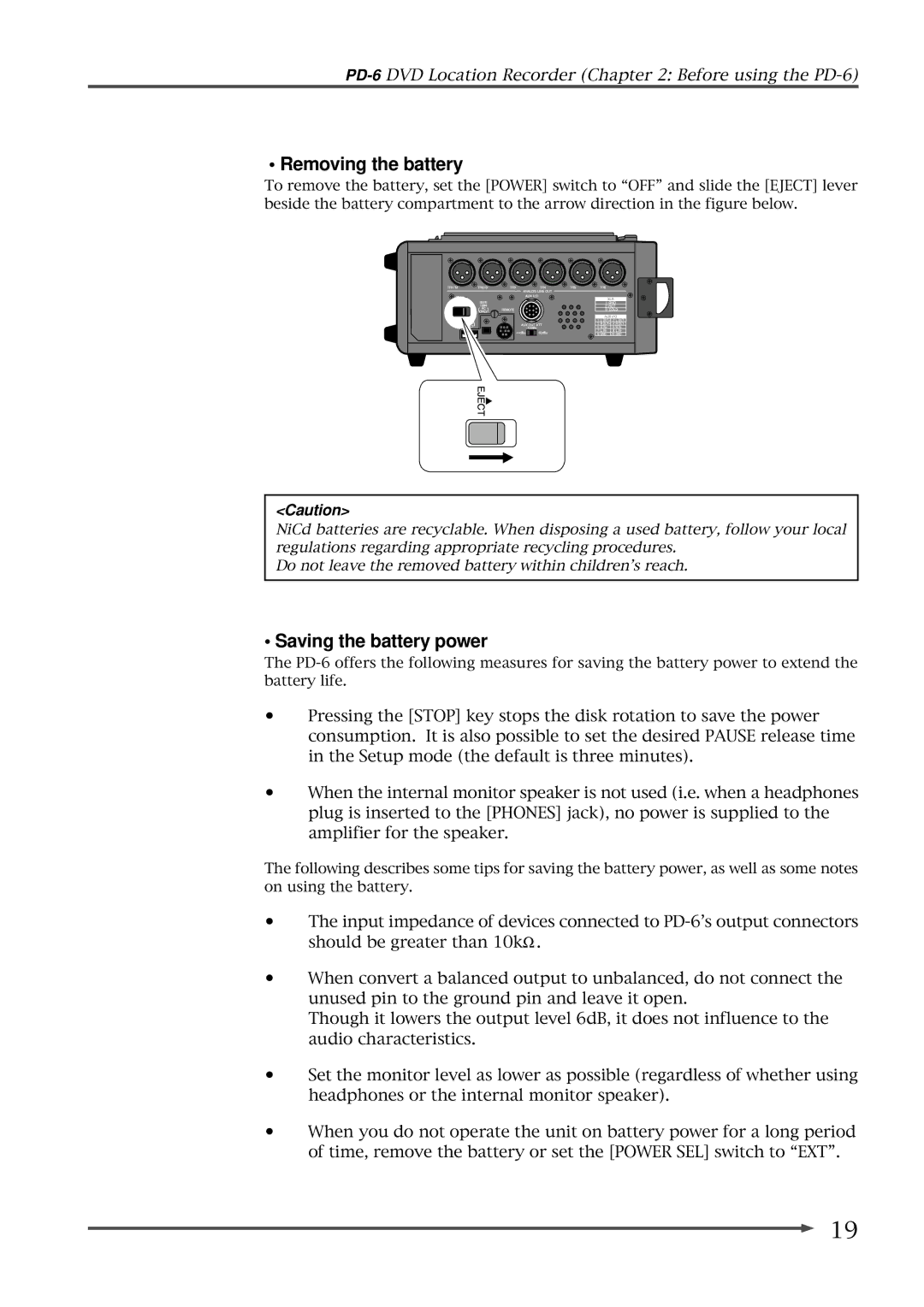 Fostex PD-6 operation manual Removing the battery, Saving the battery power 