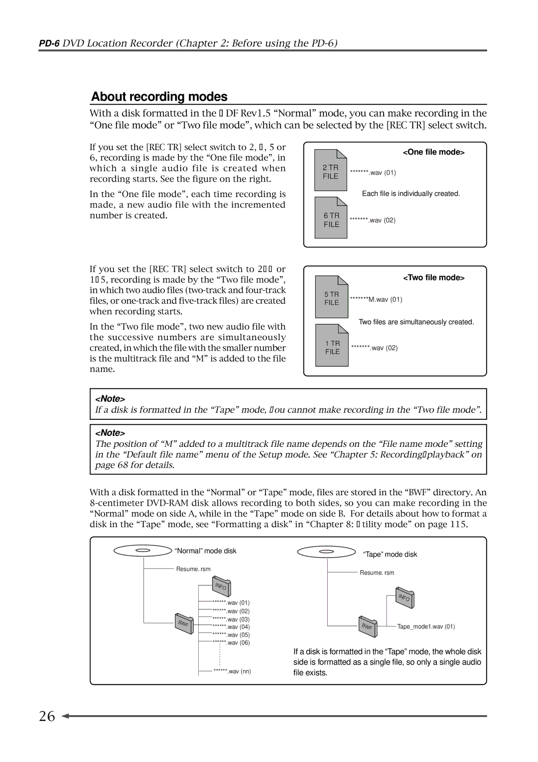 Fostex PD-6 operation manual About recording modes, One file mode, Two file mode 