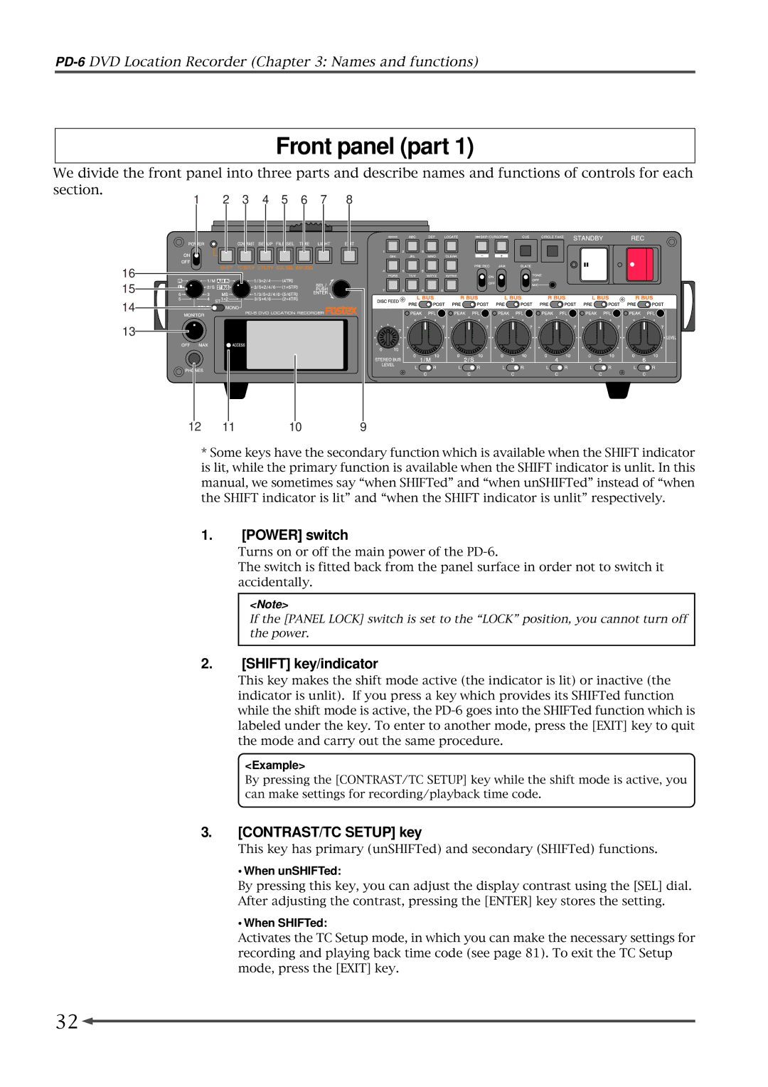 Fostex PD-6 operation manual Front panel part, Power switch, Shift key/indicator, CONTRAST/TC Setup key 