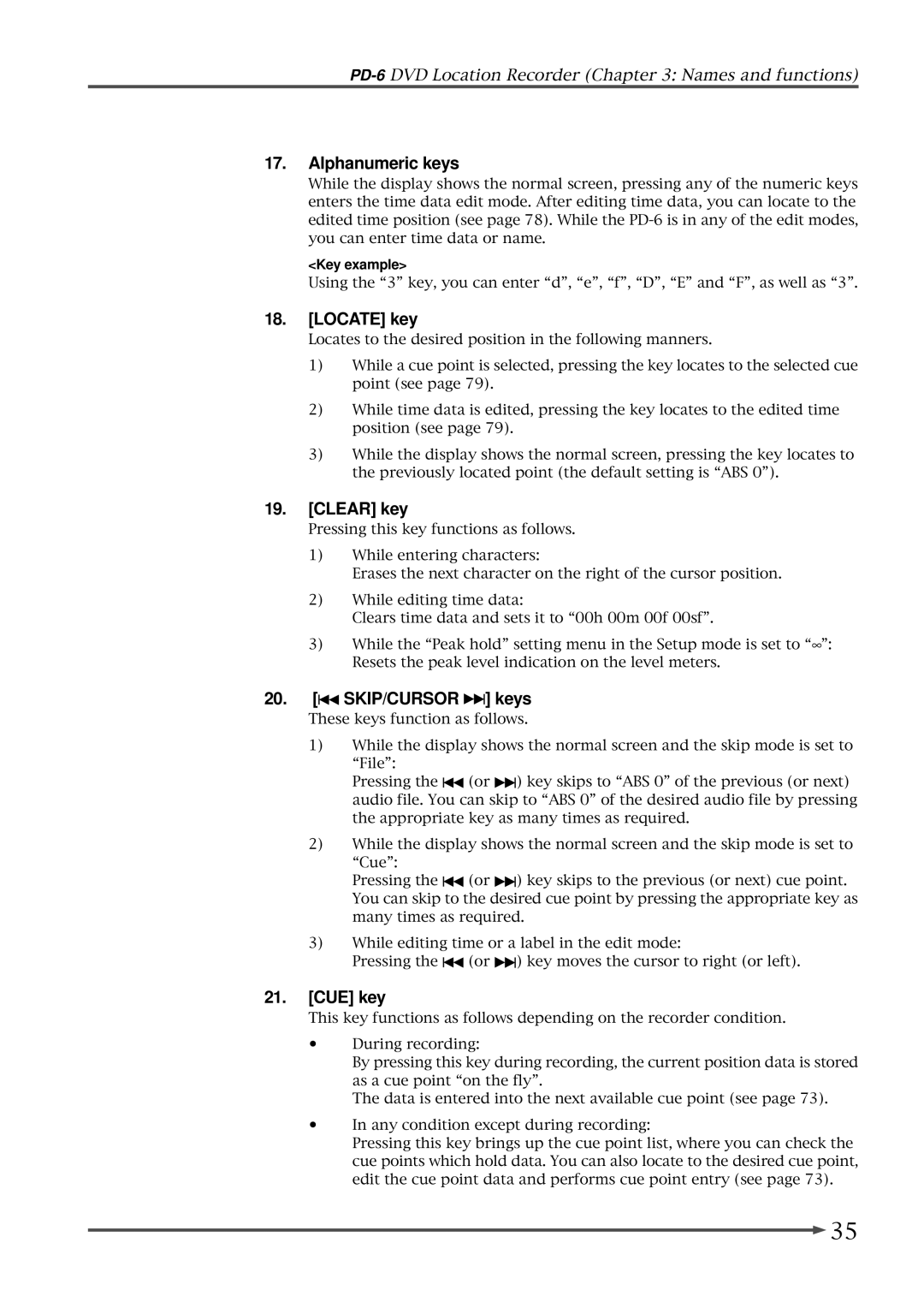 Fostex PD-6 operation manual Alphanumeric keys, Locate key, Clear key, SKIP/CURSOR keys, CUE key 