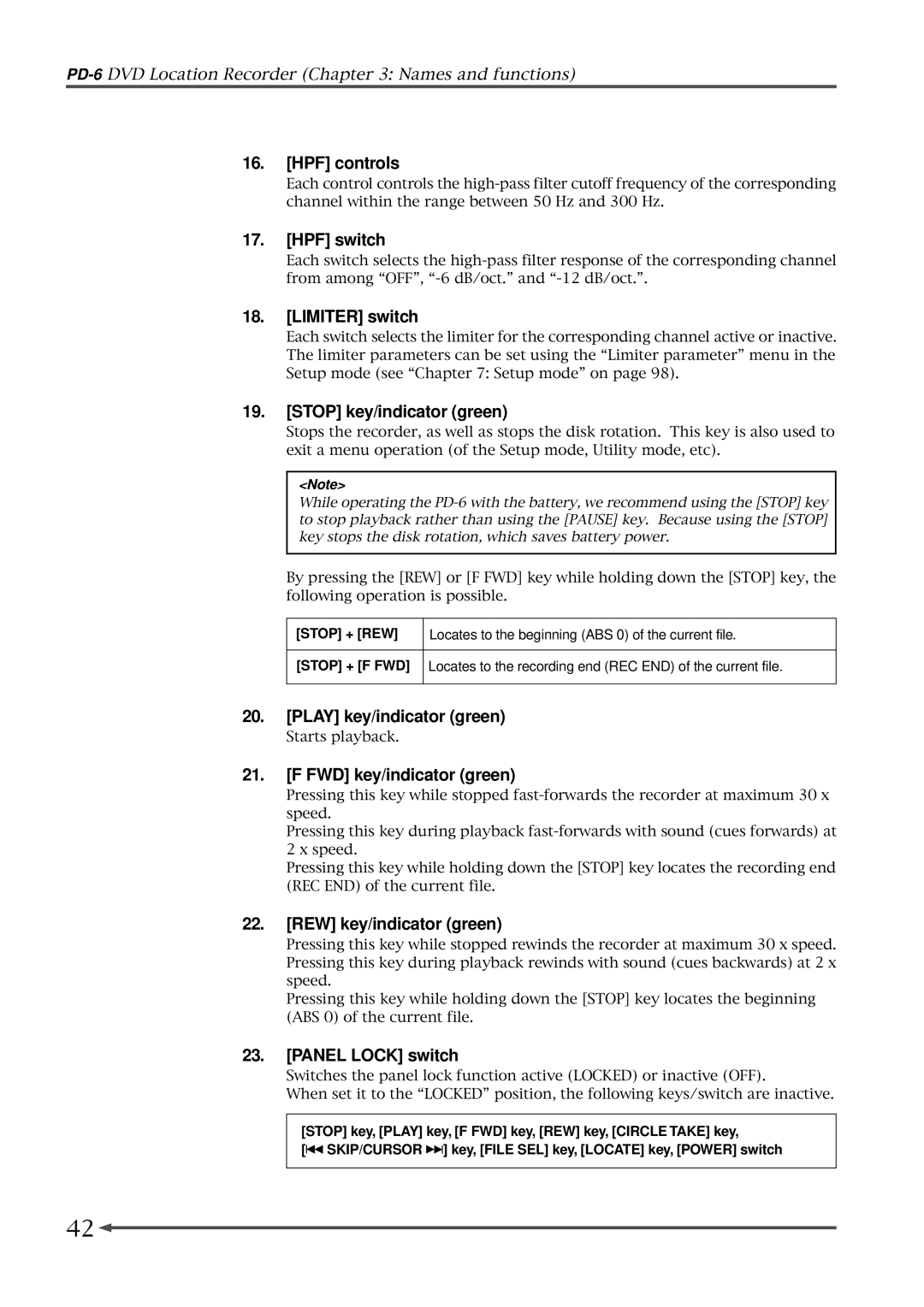 Fostex PD-6 operation manual HPF controls, HPF switch, Limiter switch, Stop key/indicator green, Play key/indicator green 