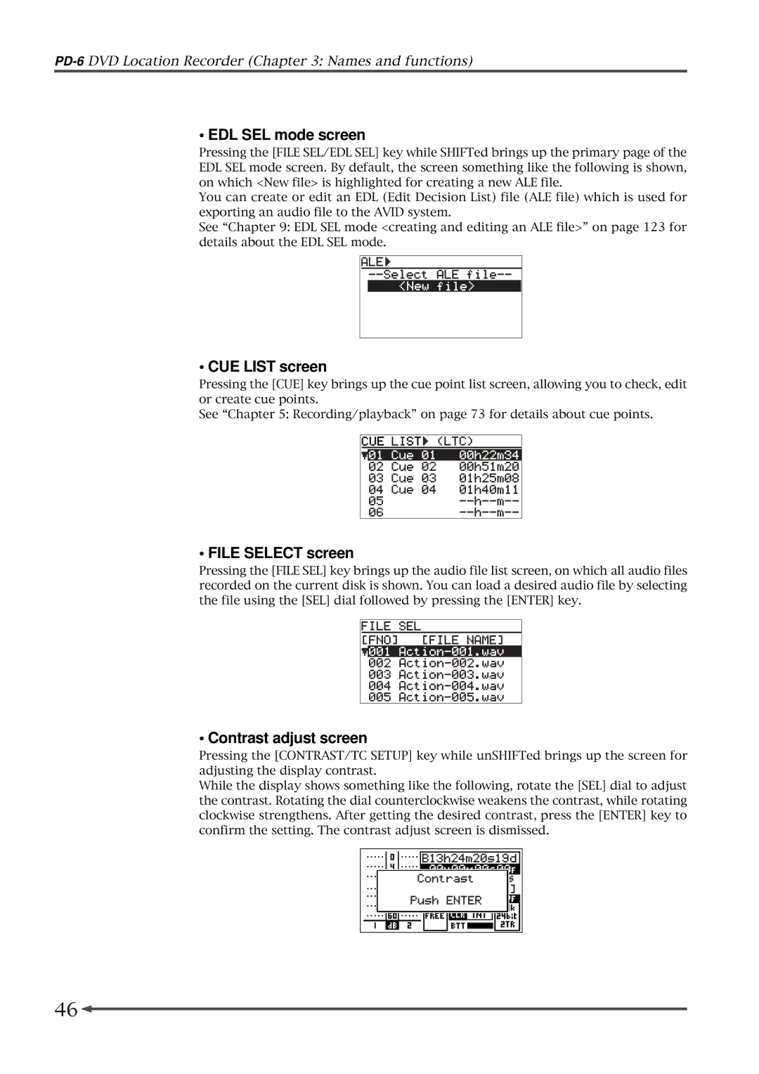 Fostex PD-6 operation manual EDL SEL mode screen, CUE List screen, File Select screen, Contrast adjust screen 