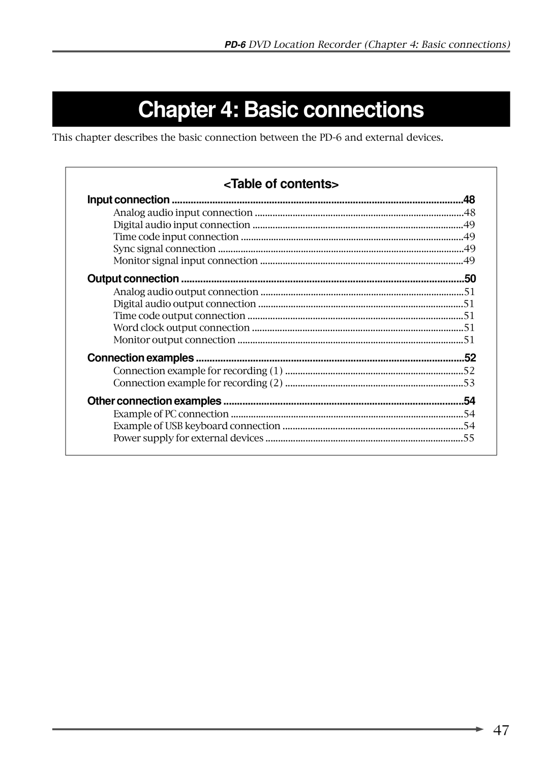 Fostex PD-6 operation manual Basic connections, Table of contents 