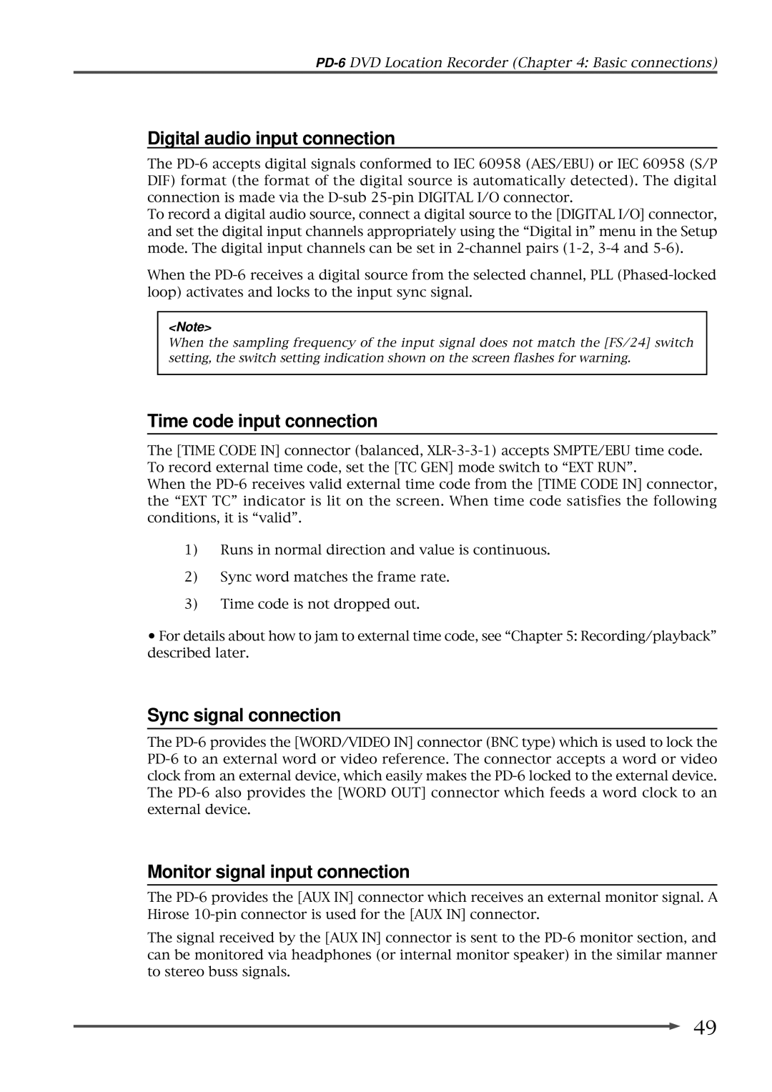 Fostex PD-6 operation manual Digital audio input connection, Time code input connection, Sync signal connection 