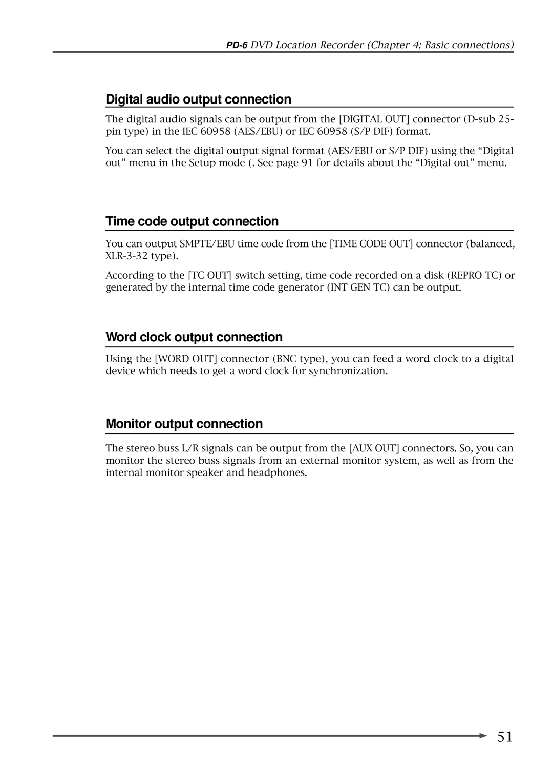 Fostex PD-6 operation manual Digital audio output connection, Time code output connection, Word clock output connection 