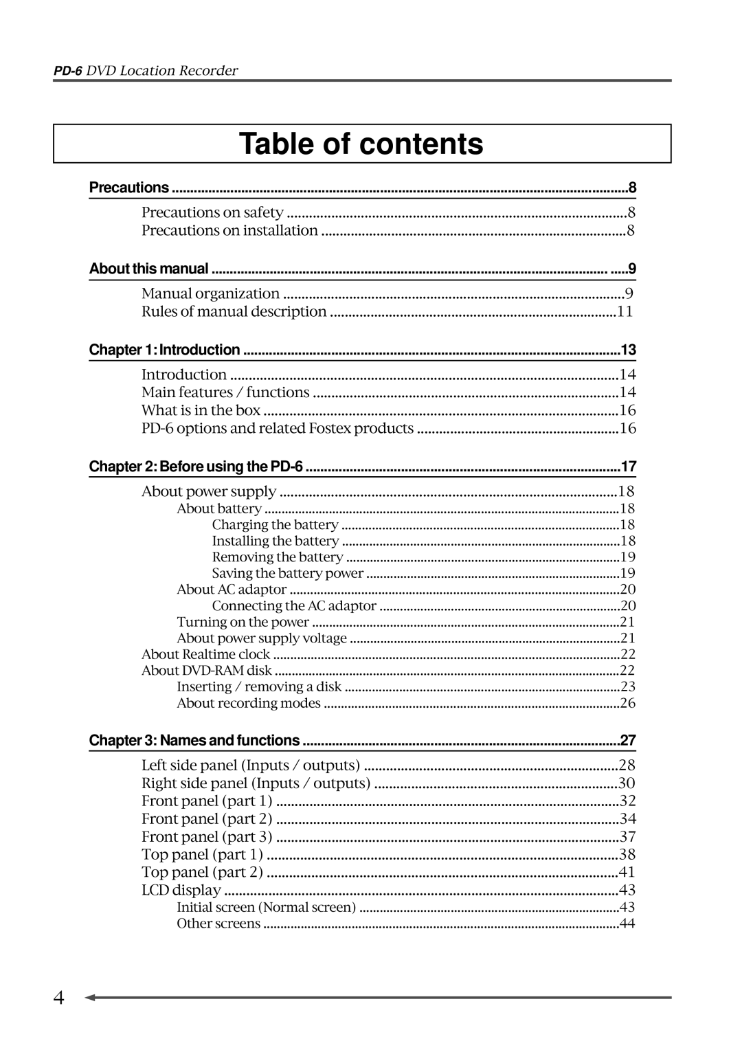 Fostex PD-6 operation manual Table of contents 