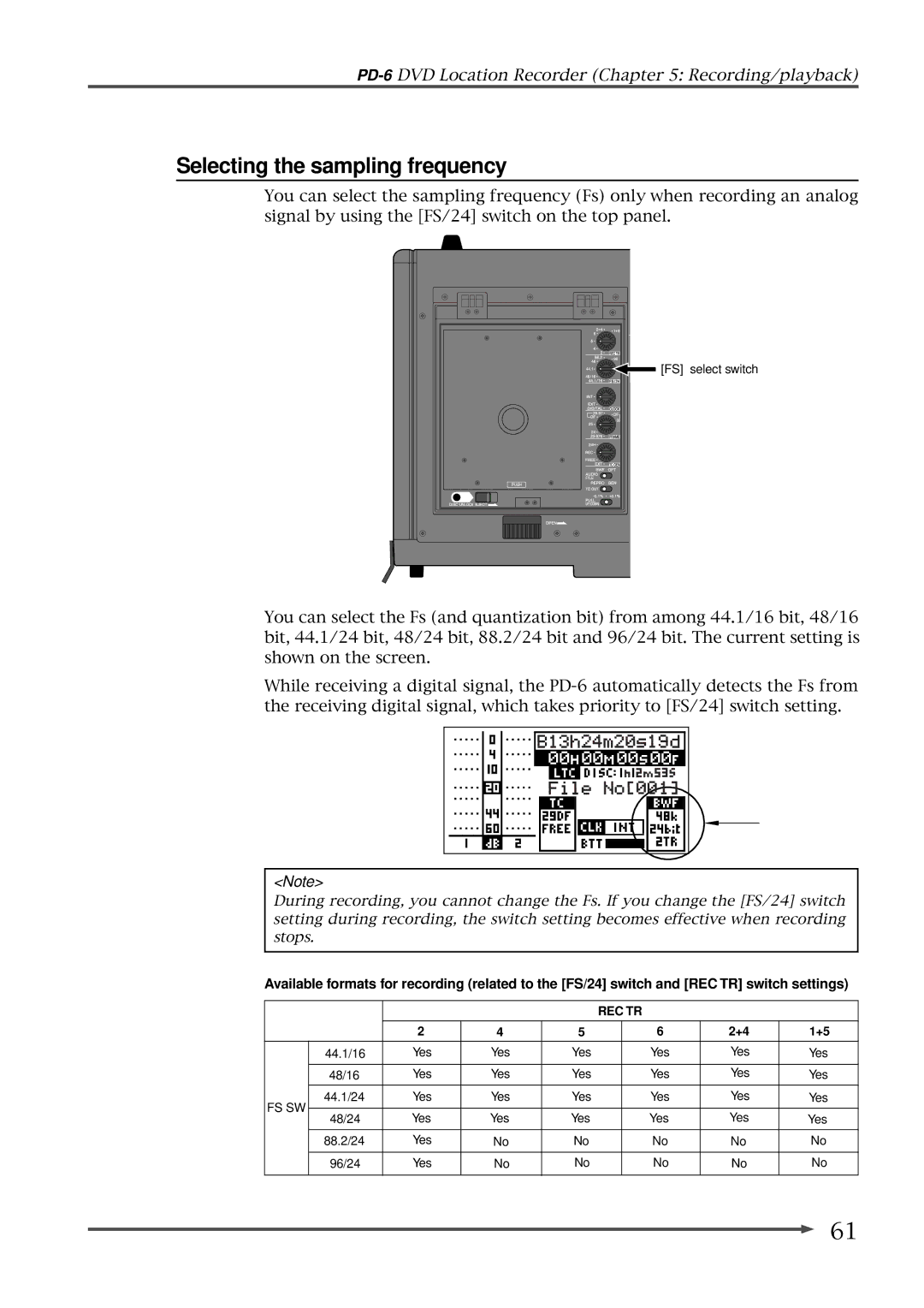 Fostex PD-6 operation manual Selecting the sampling frequency 