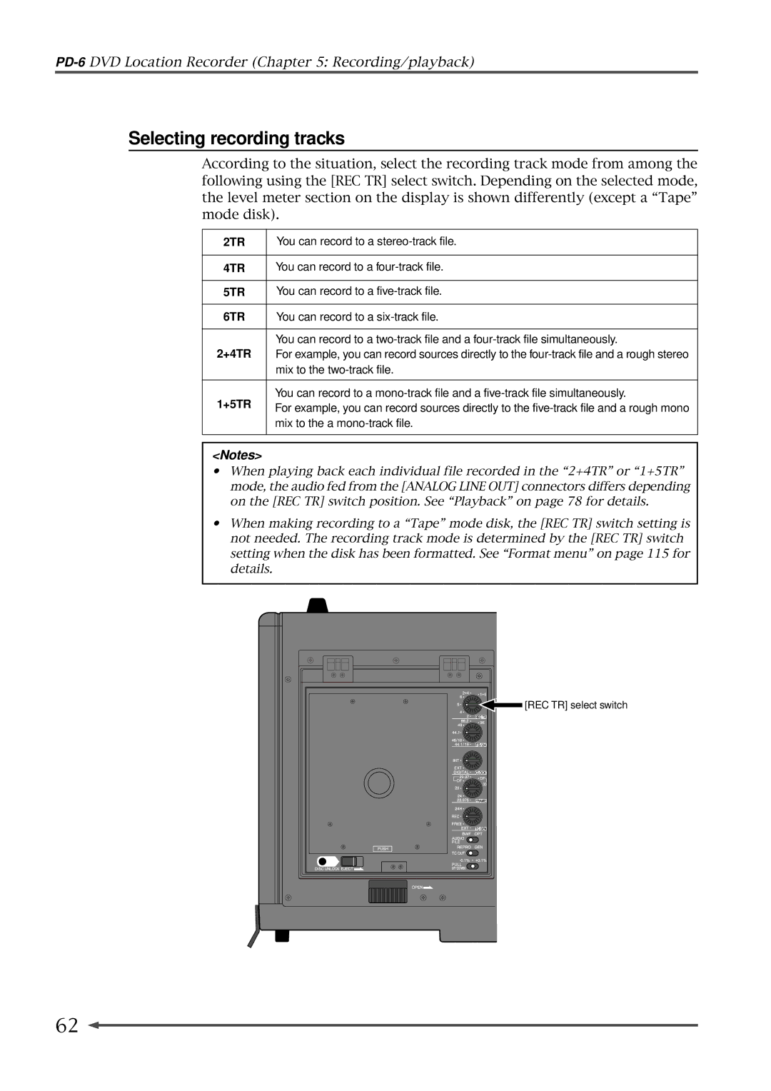 Fostex PD-6 operation manual Selecting recording tracks 