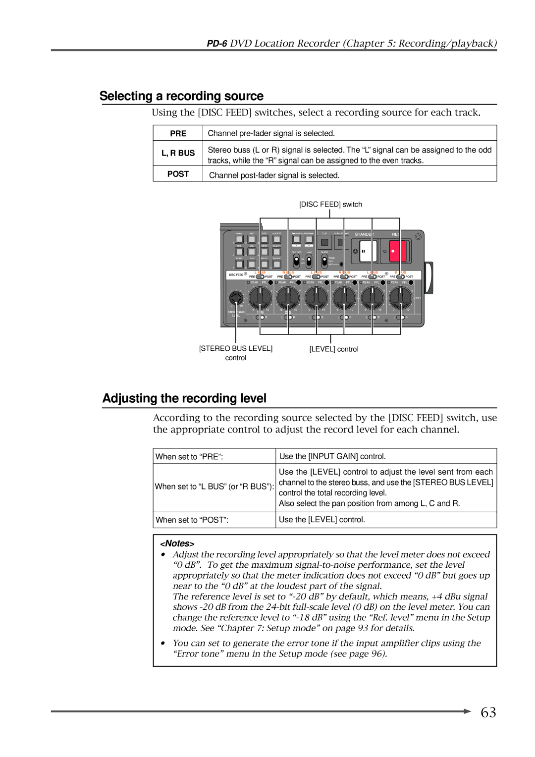 Fostex PD-6 operation manual Selecting a recording source, Adjusting the recording level 