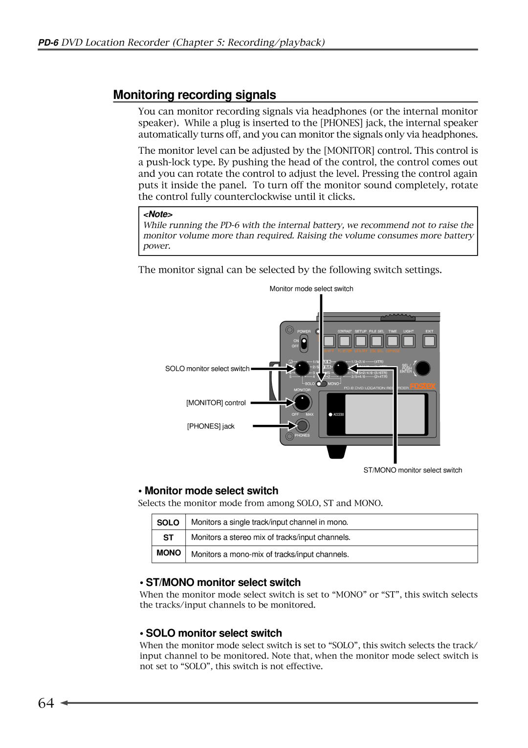 Fostex PD-6 operation manual Monitoring recording signals, Monitor mode select switch, ST/MONO monitor select switch 