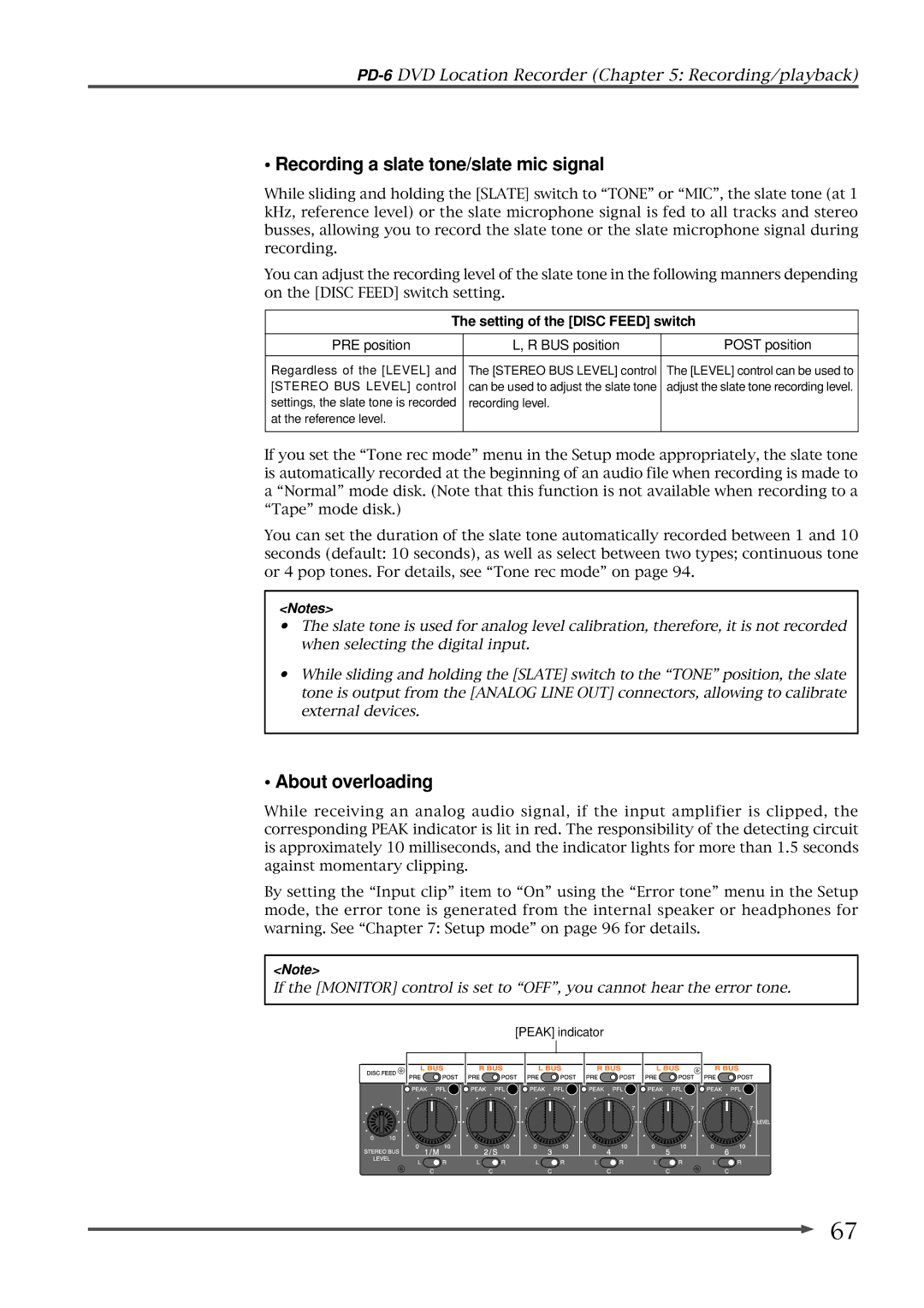 Fostex PD-6 operation manual Recording a slate tone/slate mic signal, About overloading, Setting of the Disc Feed switch 