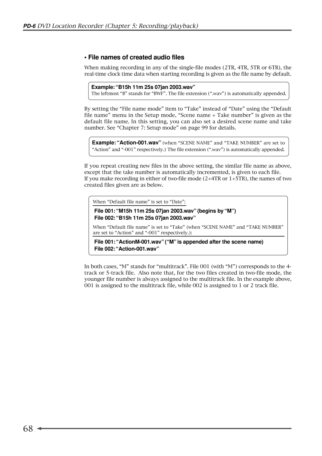 Fostex PD-6 operation manual File names of created audio files, Example B15h 11m 25s 07jan 2003.wav 