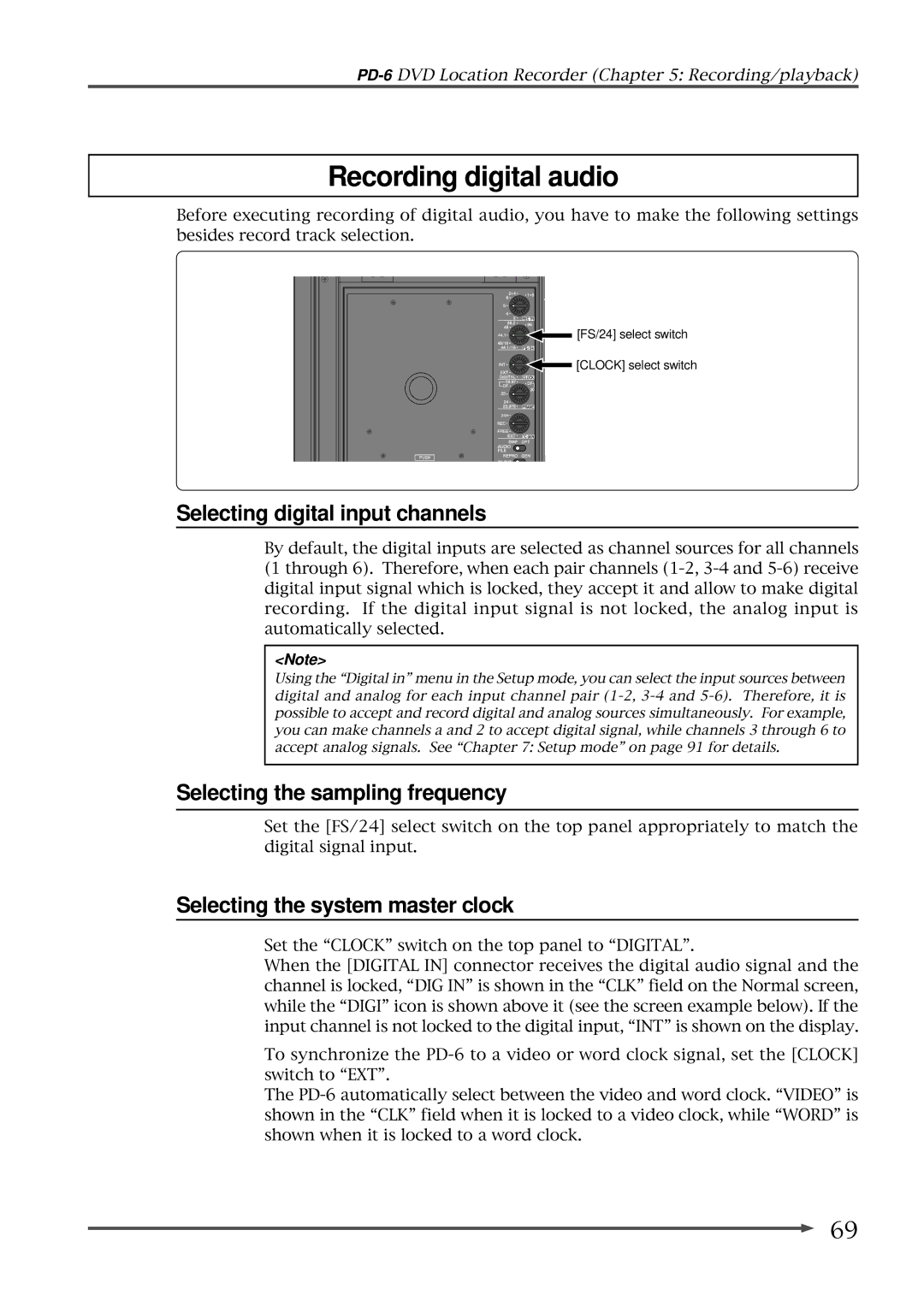 Fostex PD-6 operation manual Recording digital audio, Selecting digital input channels, Selecting the system master clock 