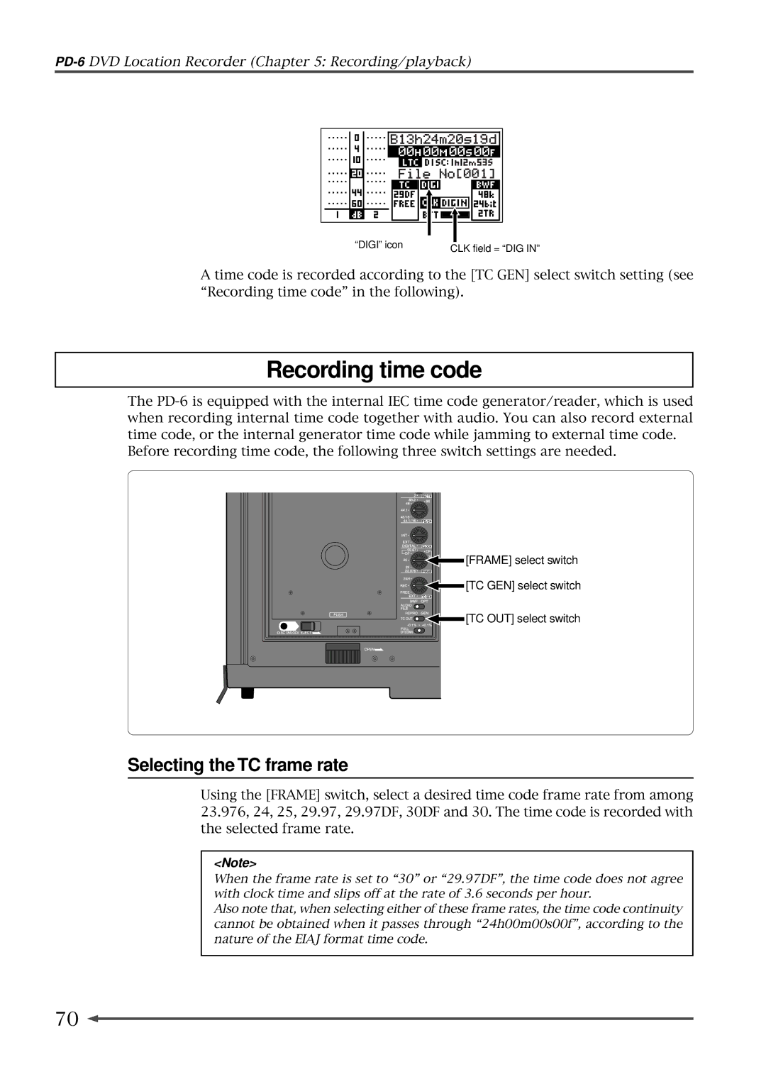 Fostex PD-6 operation manual Recording time code, Selecting the TC frame rate, TC OUT select switch 