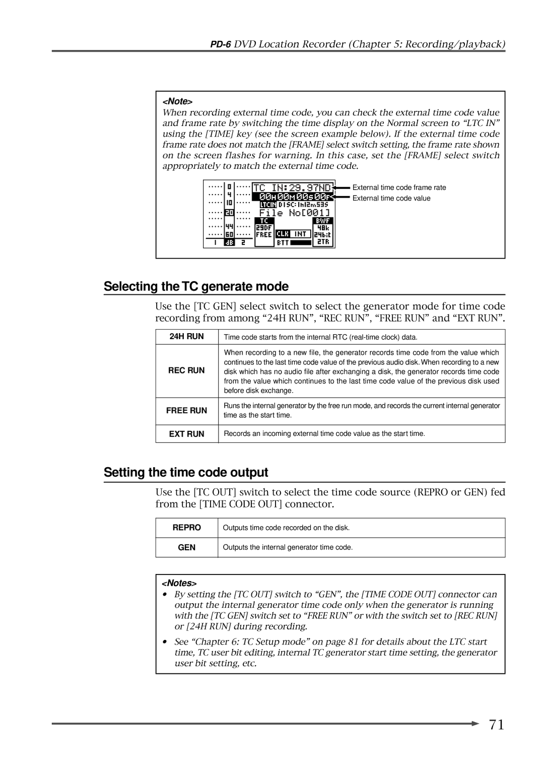 Fostex PD-6 operation manual Selecting the TC generate mode, Setting the time code output 