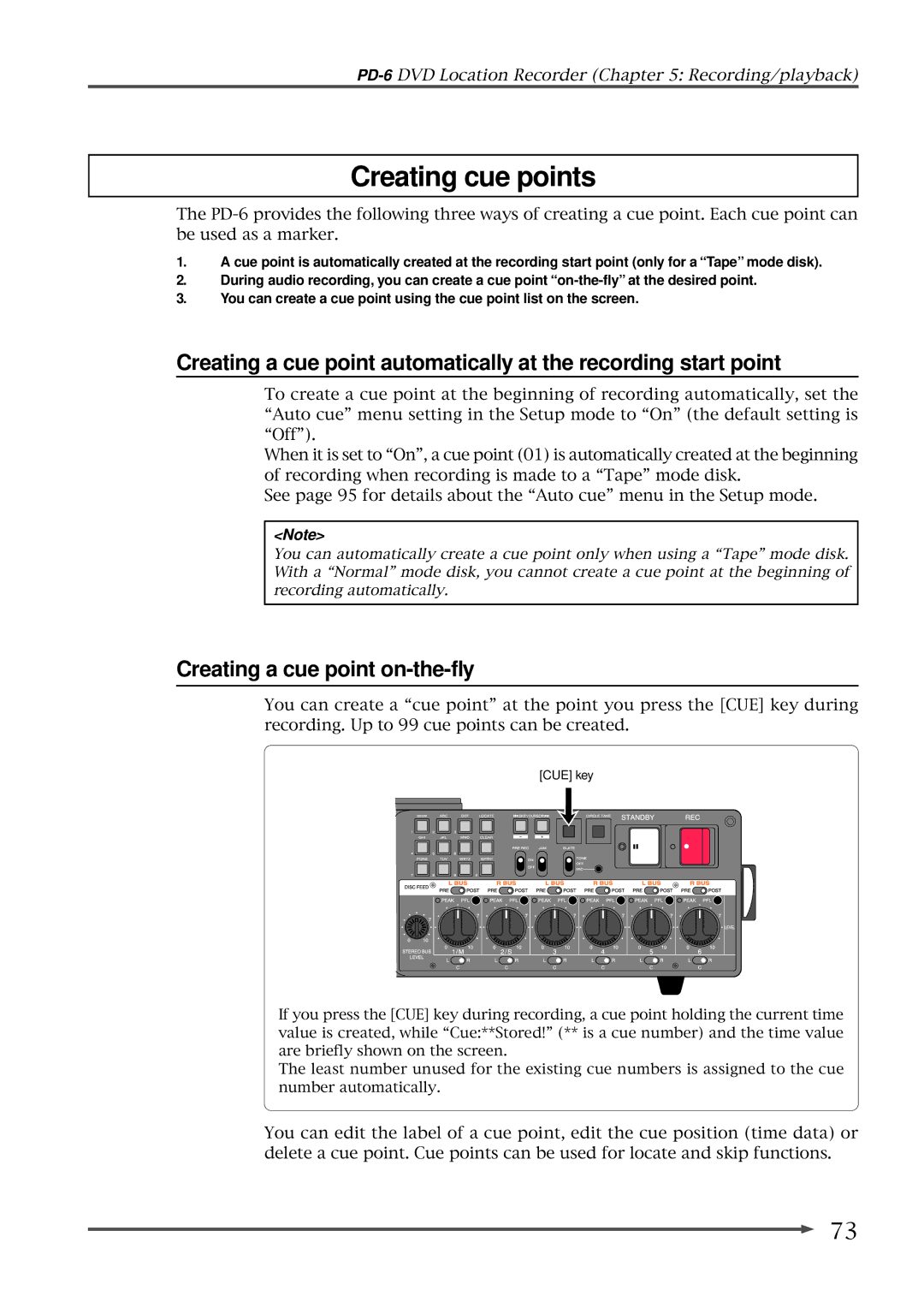 Fostex PD-6 operation manual Creating cue points, Creating a cue point on-the-fly 