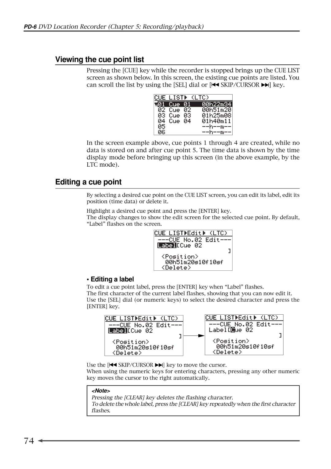 Fostex PD-6 operation manual Viewing the cue point list, Editing a cue point, Editing a label 