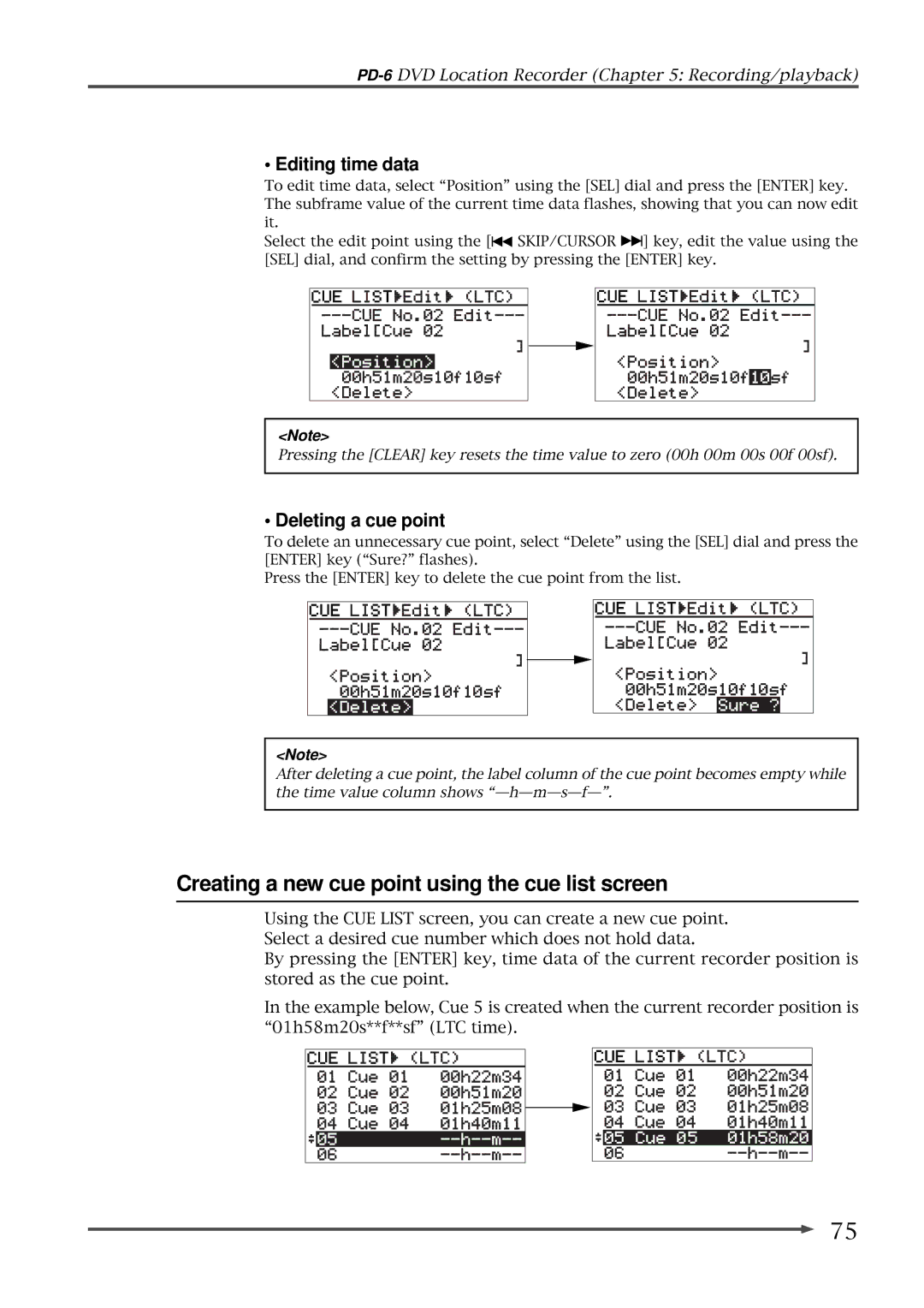 Fostex PD-6 operation manual Creating a new cue point using the cue list screen, Editing time data, Deleting a cue point 