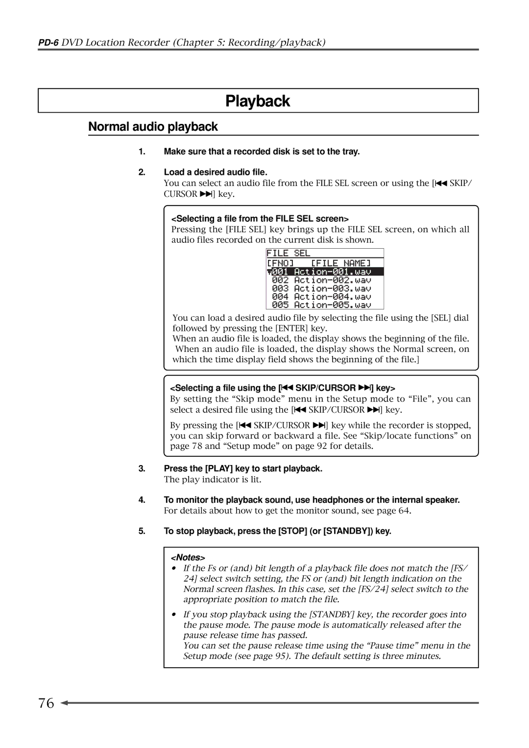 Fostex PD-6 operation manual Playback, Normal audio playback 