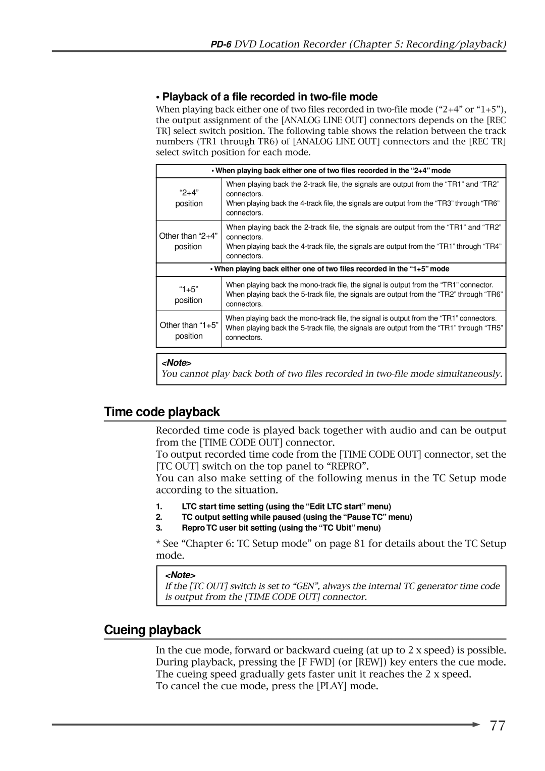 Fostex PD-6 operation manual Time code playback, Cueing playback, Playback of a file recorded in two-file mode 