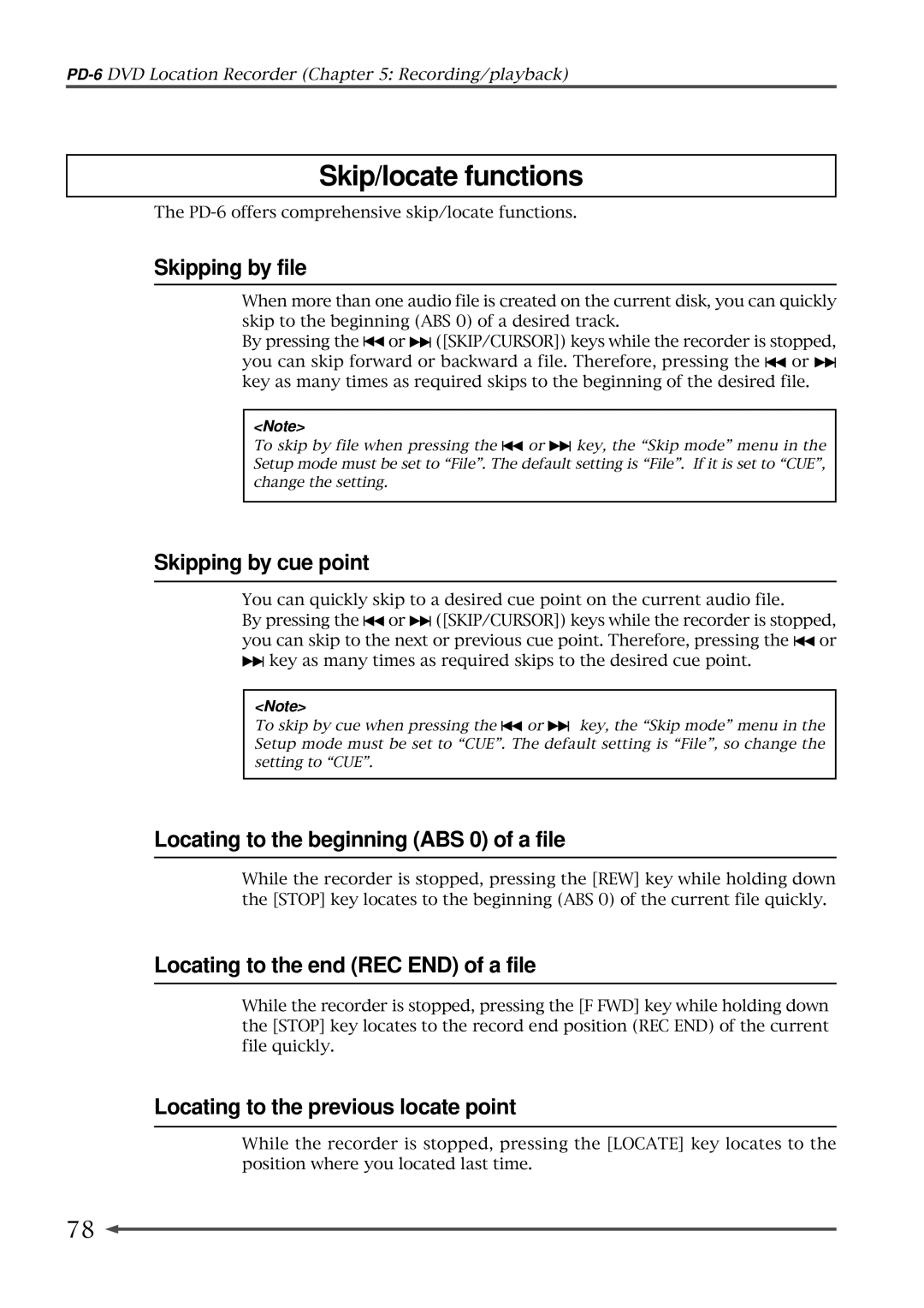 Fostex PD-6 operation manual Skip/locate functions 