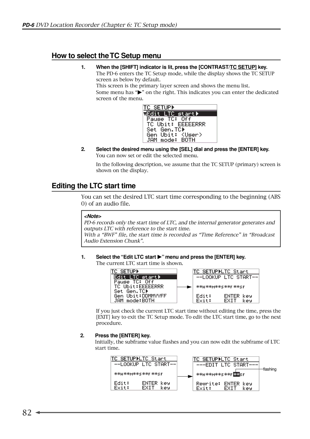 Fostex PD-6 operation manual How to select the TC Setup menu, Editing the LTC start time 