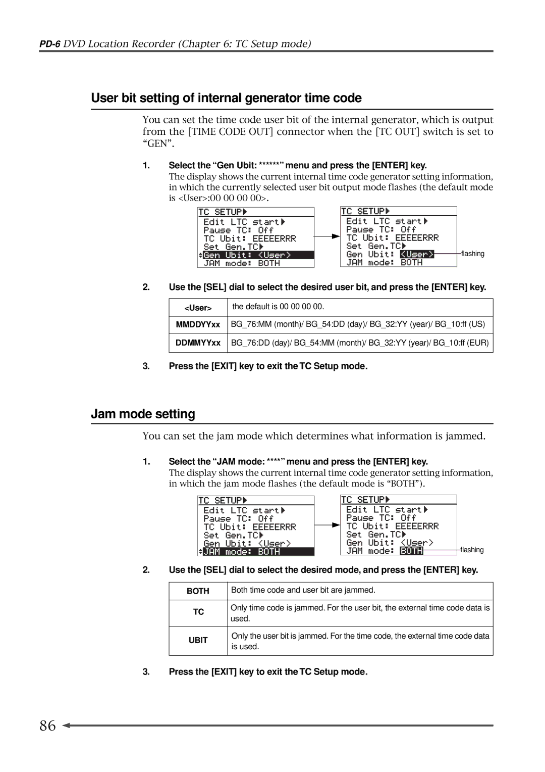 Fostex PD-6 operation manual User bit setting of internal generator time code, Jam mode setting 