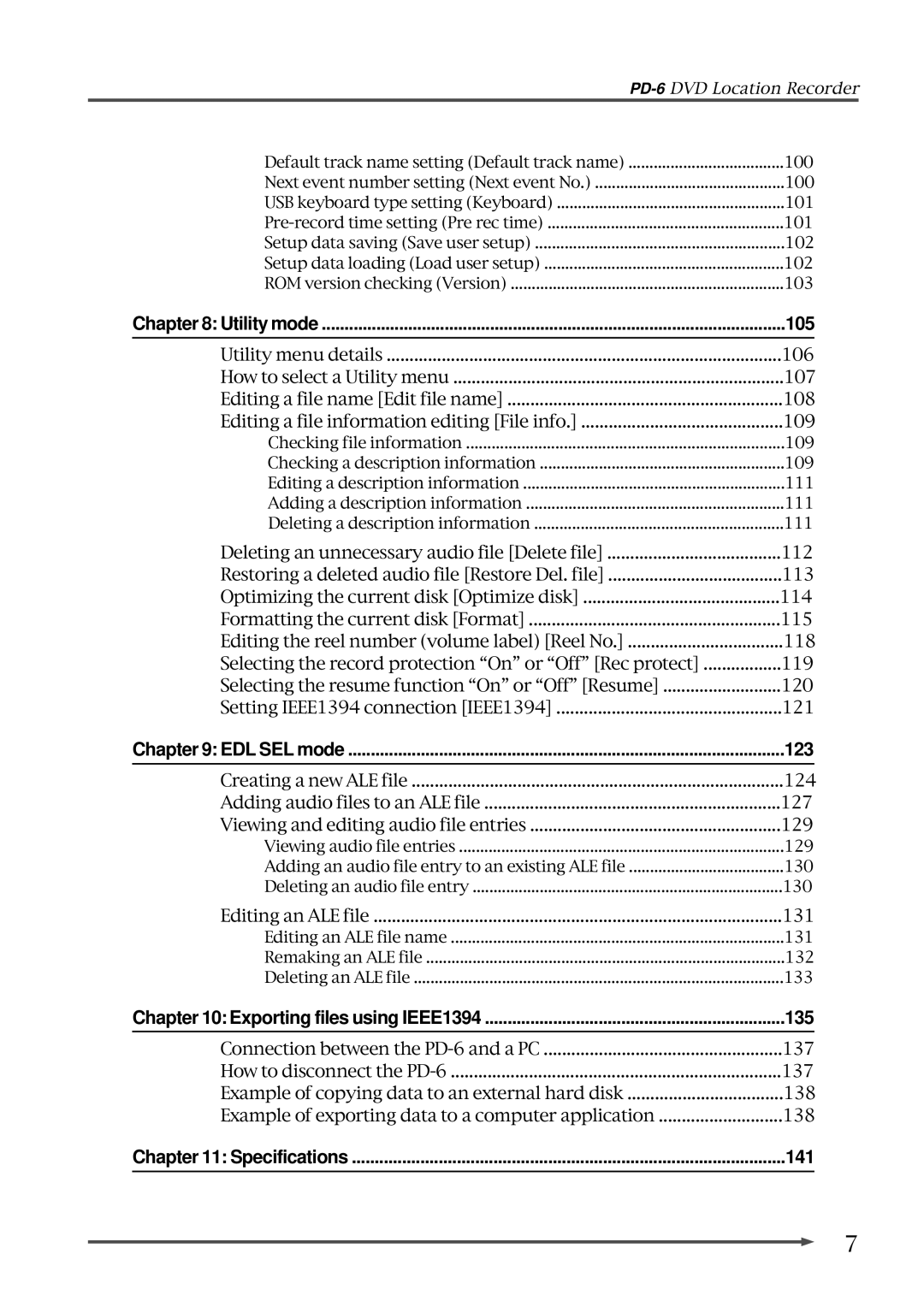 Fostex PD-6 operation manual 105, 123, 135, 141 