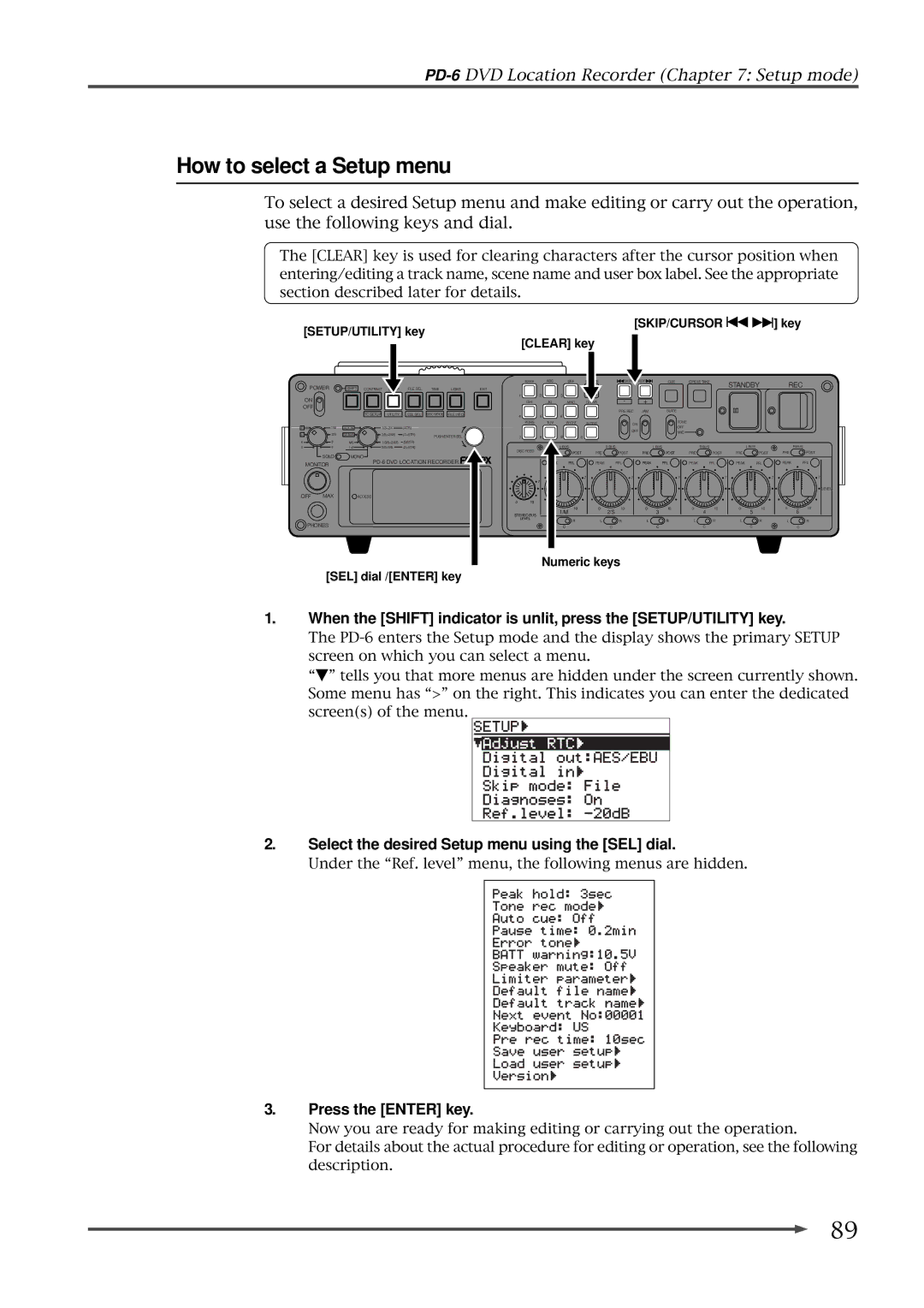 Fostex PD-6 operation manual How to select a Setup menu, Select the desired Setup menu using the SEL dial 