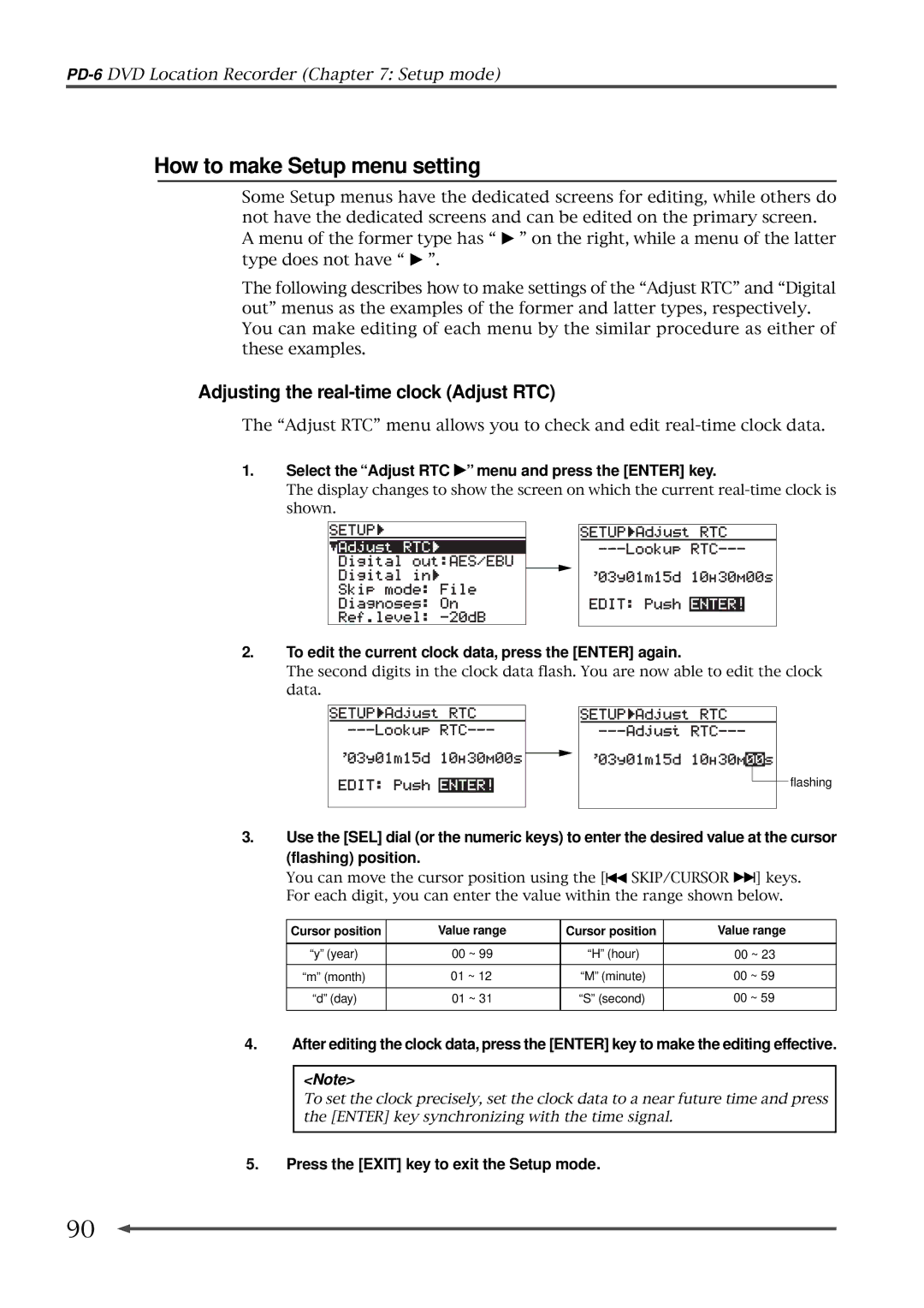 Fostex PD-6 operation manual How to make Setup menu setting, Adjusting the real-time clock Adjust RTC 