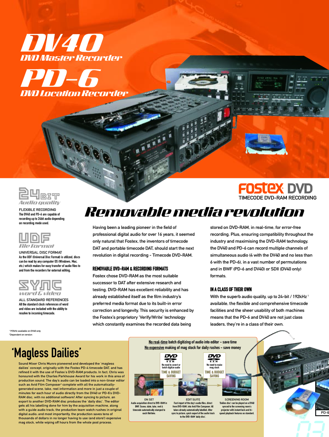 Fostex PD-6/DV40 manual UdF, Sync, ‘Magless Dailies’ 