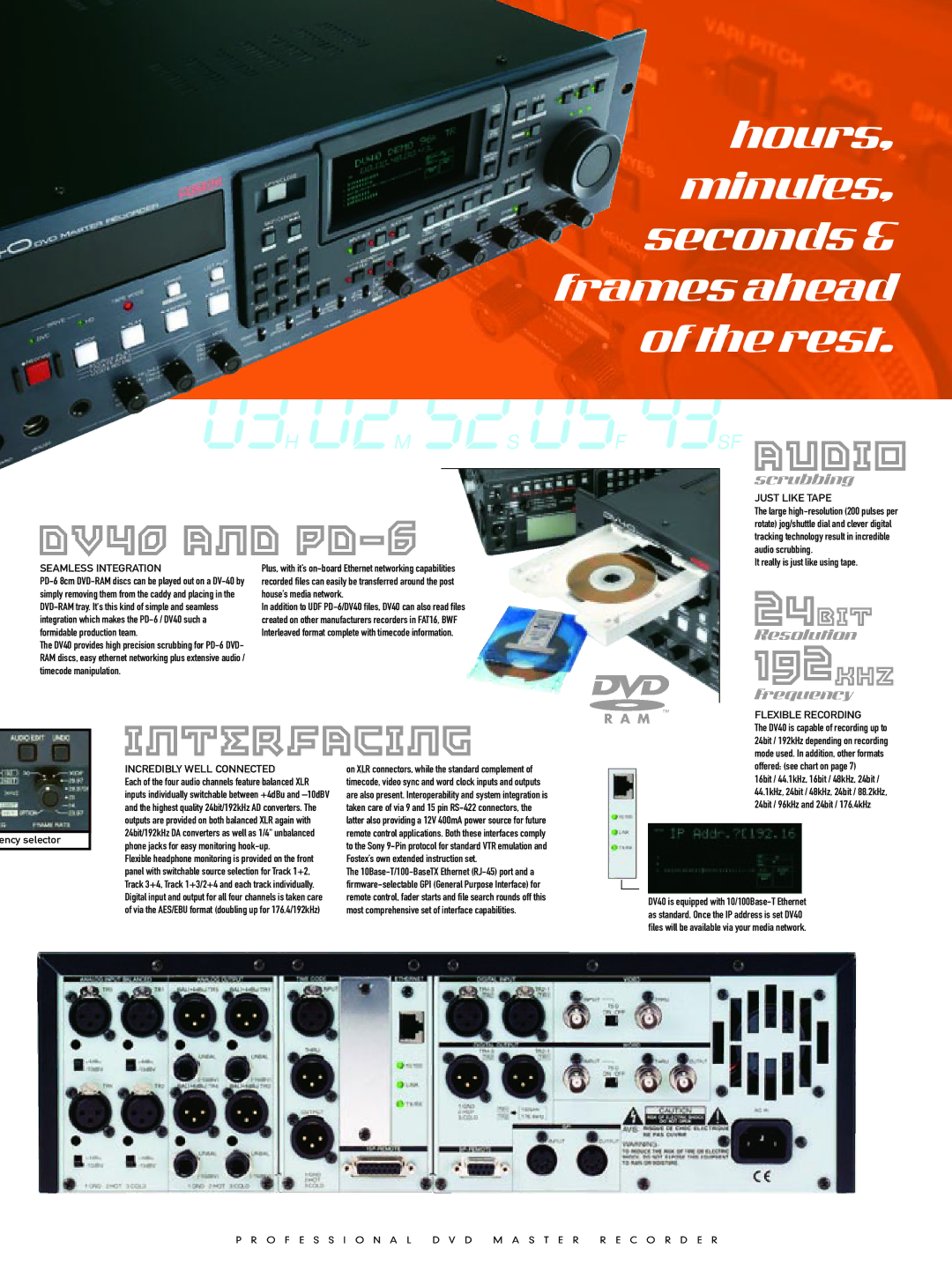 Fostex PD-6/DV40 manual 03H 02M 52S 05F, SF audio, Dv40 and pd-6, 192kHz, Interfacing 