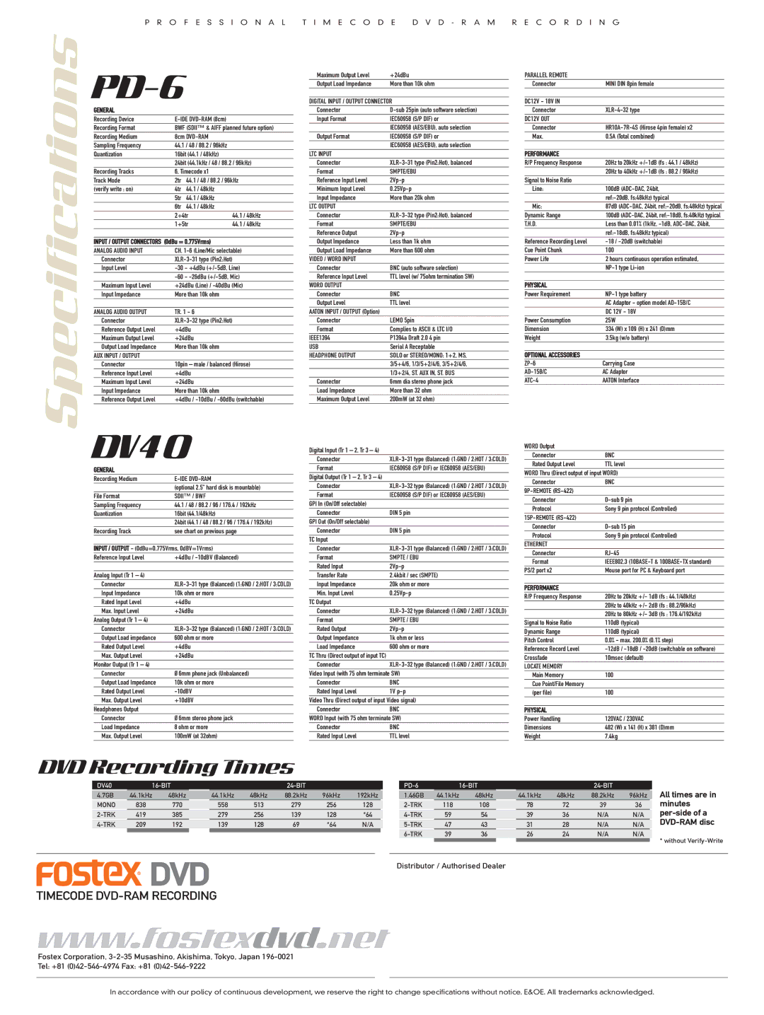 Fostex PD-6/DV40 manual Specifications 