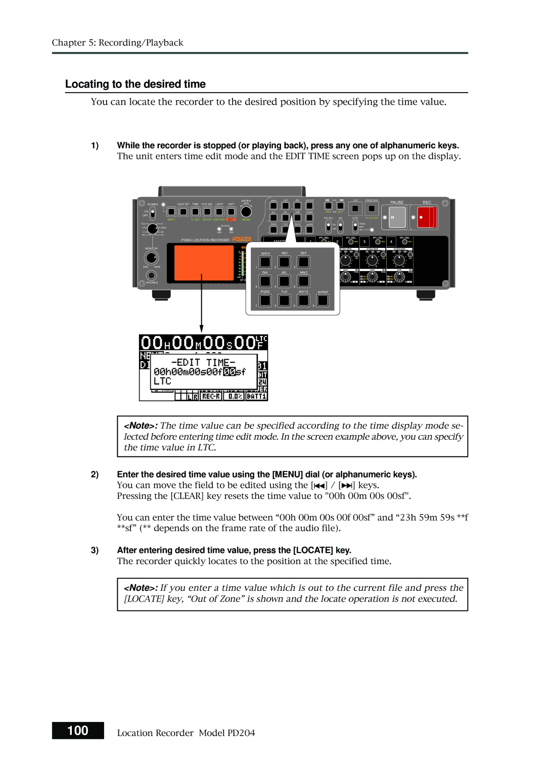 Fostex PD204 owner manual 100, Locating to the desired time, After entering desired time value, press the Locate key 