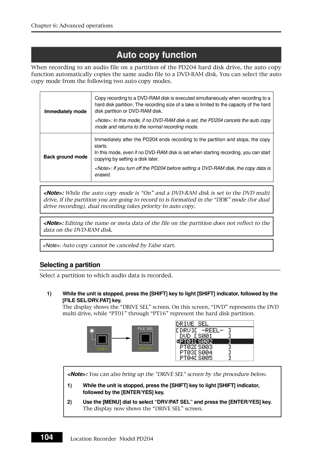 Fostex PD204 owner manual 104, Selecting a partition, Back ground mode 