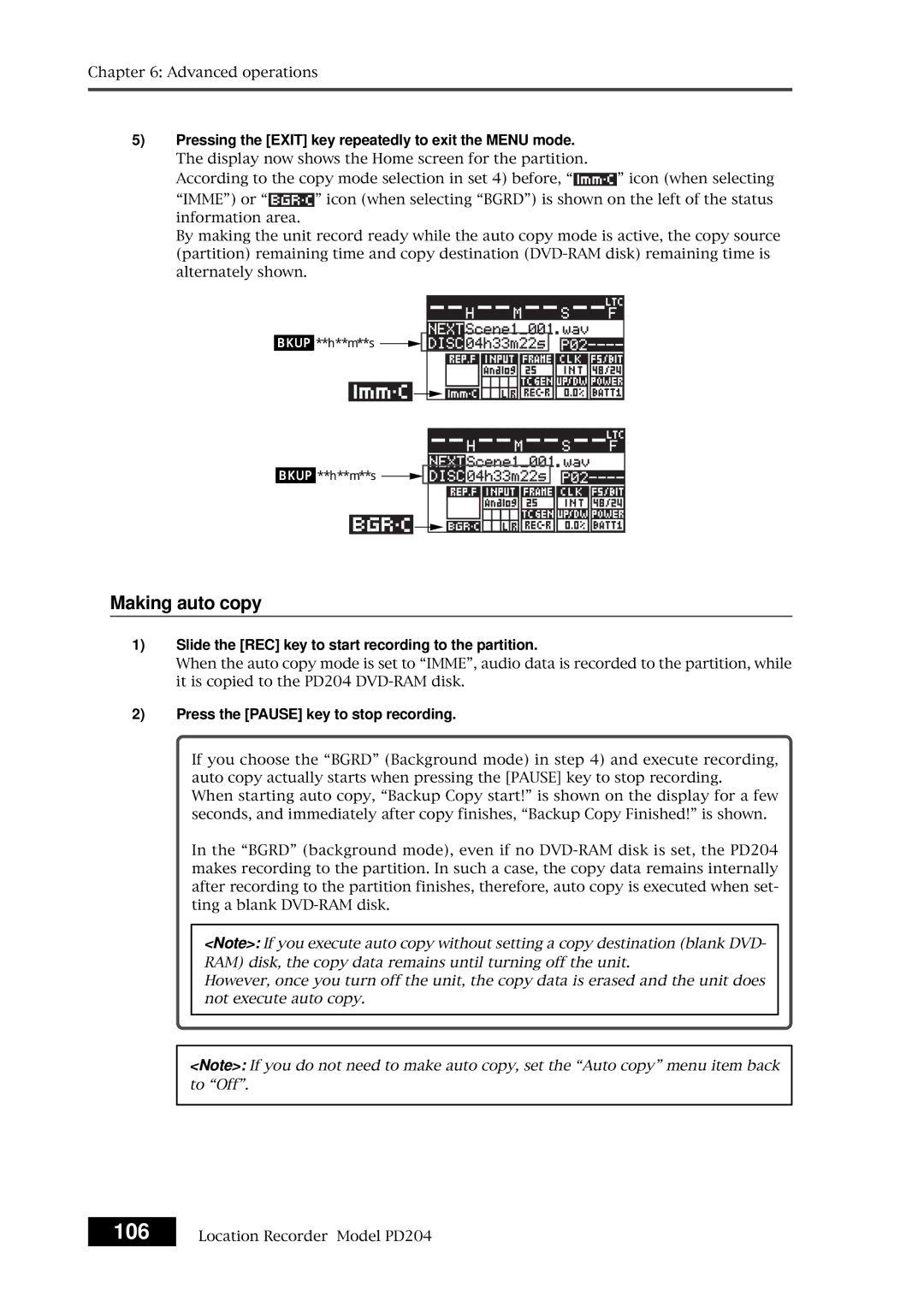 Fostex PD204 owner manual 106, Making auto copy, Pressing the Exit key repeatedly to exit the Menu mode 