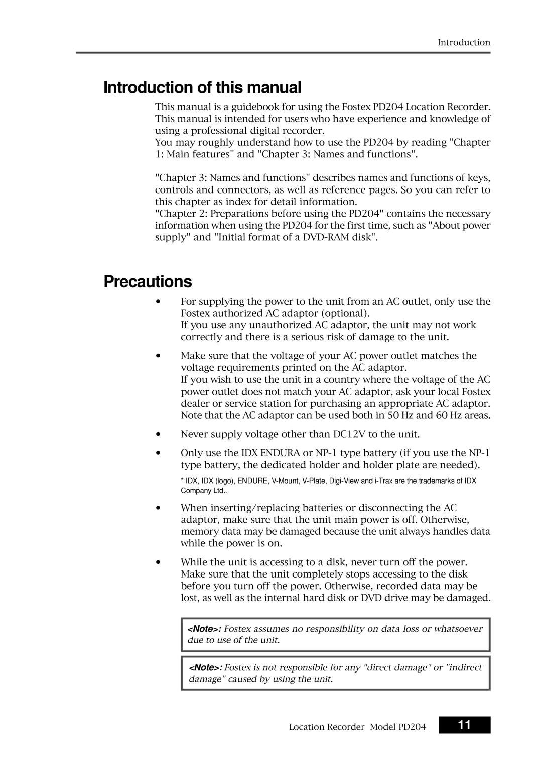 Fostex PD204 owner manual Introduction of this manual 