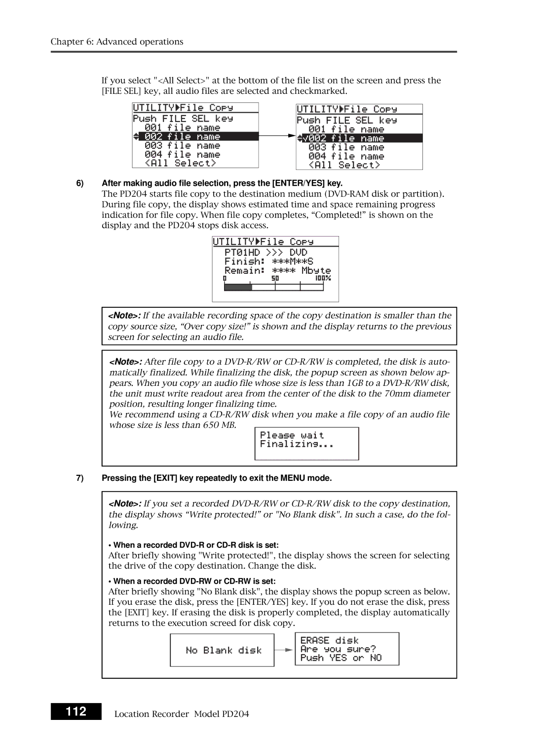 Fostex PD204 112, After making audio file selection, press the ENTER/YES key, When a recorded DVD-R or CD-R disk is set 