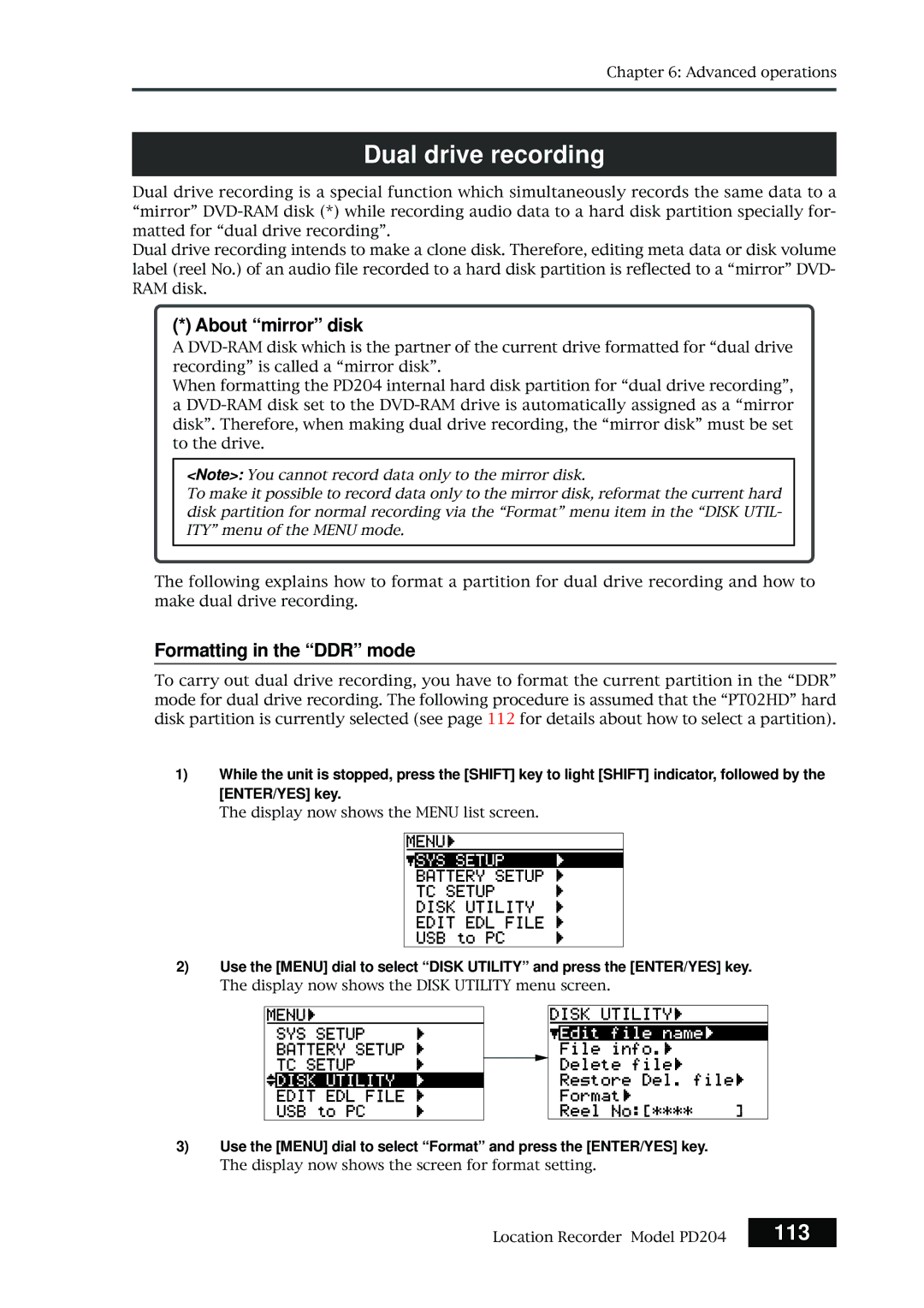 Fostex PD204 owner manual 113, About mirror disk, Formatting in the DDR mode 