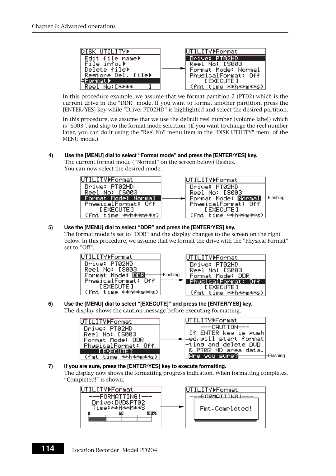 Fostex PD204 owner manual 114, Use the Menu dial to select DDR and press the ENTER/YES key 