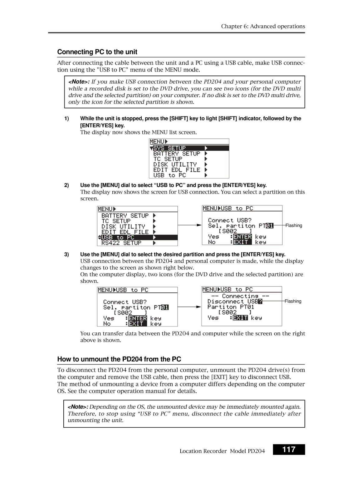 Fostex owner manual 117, Connecting PC to the unit, How to unmount the PD204 from the PC 