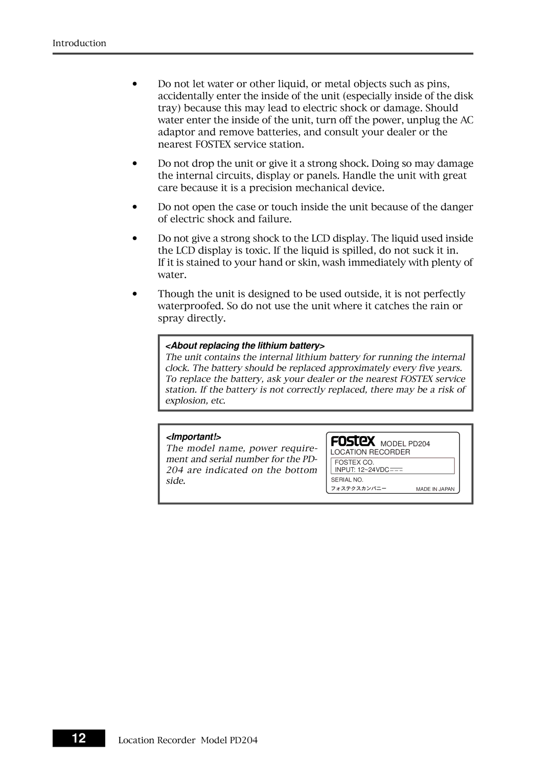 Fostex PD204 owner manual About replacing the lithium battery 