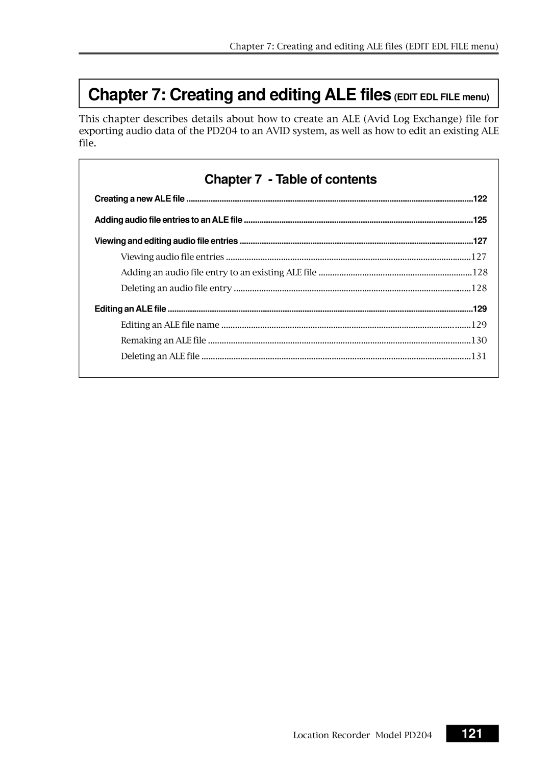 Fostex PD204 owner manual Creating and editing ALE files Edit EDL File menu, 121 